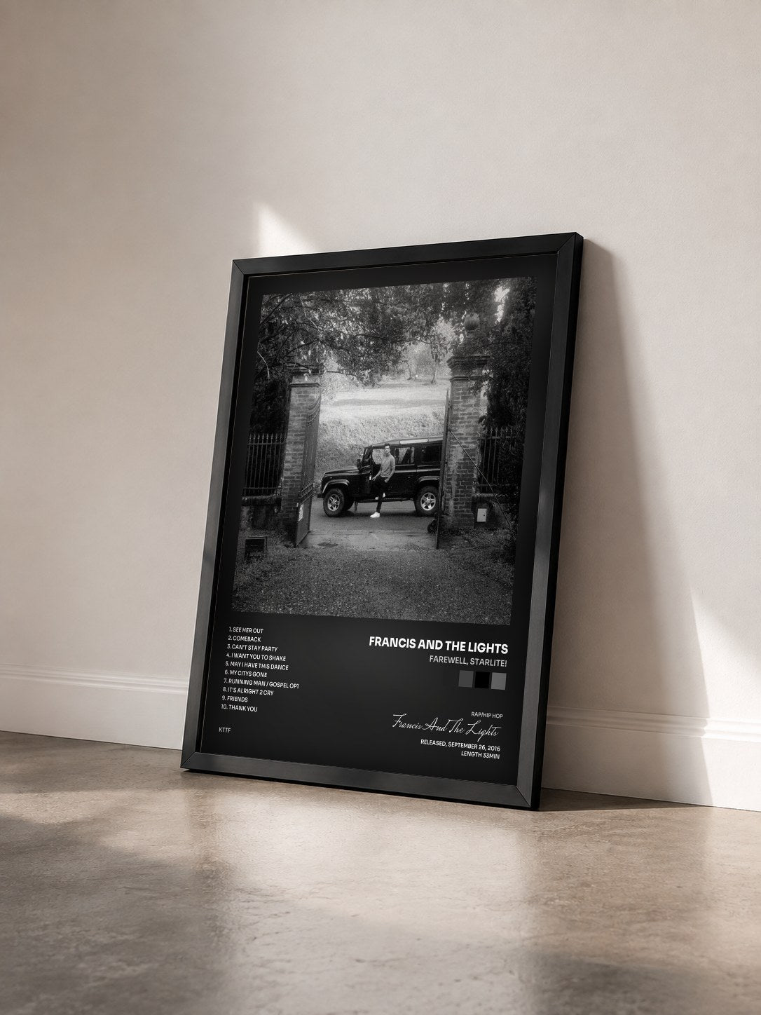 #noir Tableau de l'album Farewell, Starlite! de Francis And The Lights vu de trois quarts, cadre noir