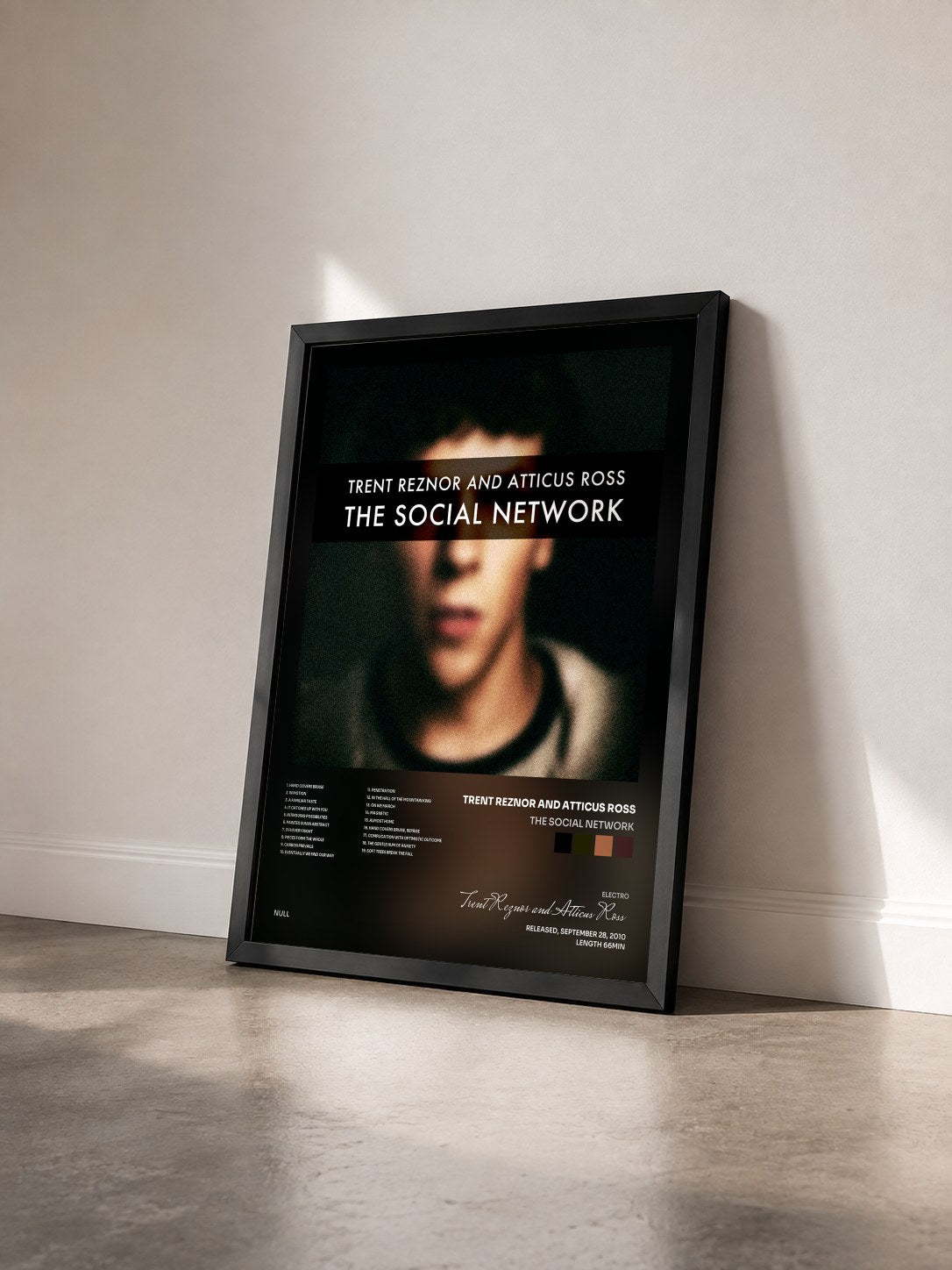 #noir Tableau de l'album The Social Network de Trent Reznor and Atticus Ross vu de trois quarts, cadre noir