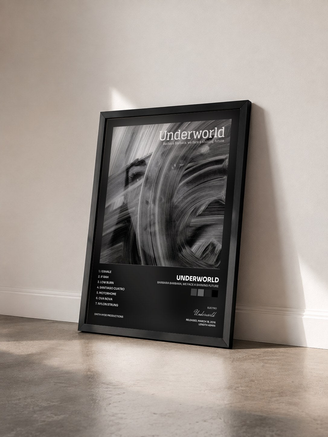 #noir Barbara Barbara, we face a shining future by Underworld as a framed art print seen at an angle, black frame