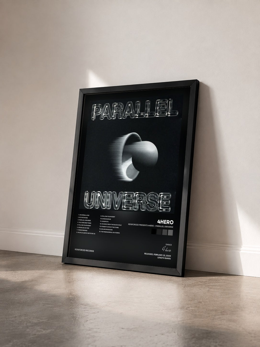 #noir Tableau de l'album Reinforced presents 4hero - Parallel Universe de 4hero vu de trois quarts, cadre noir