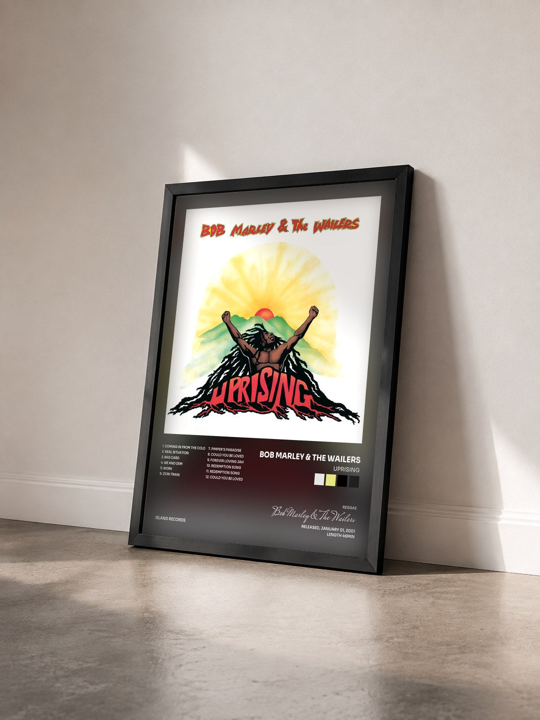 #noir Uprising by Bob Marley & The Wailers as a framed art print seen at an angle, black frame