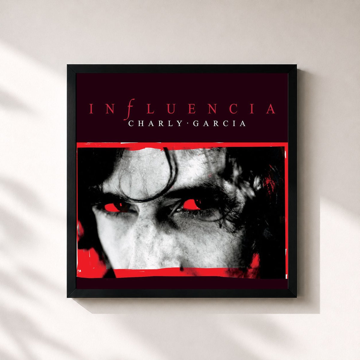 #noir Tableau carré de l'album Influencia de Charly García, cadre noir 32x32 cm