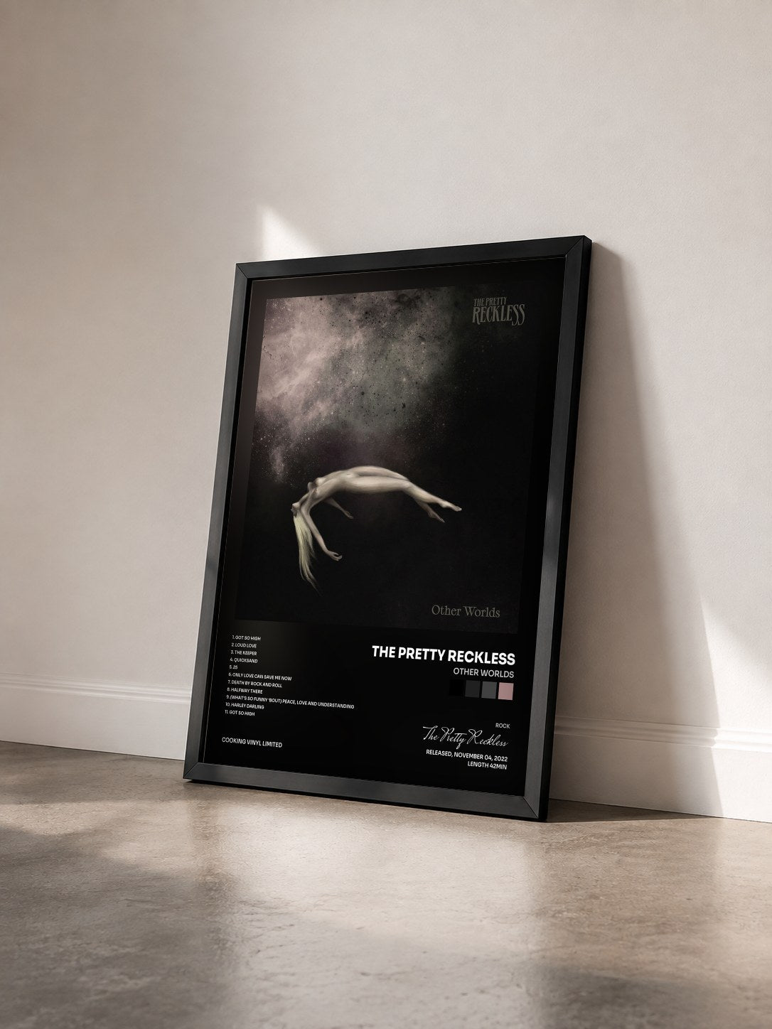 #noir Tableau de l'album Other Worlds de The Pretty Reckless vu de trois quarts, cadre noir