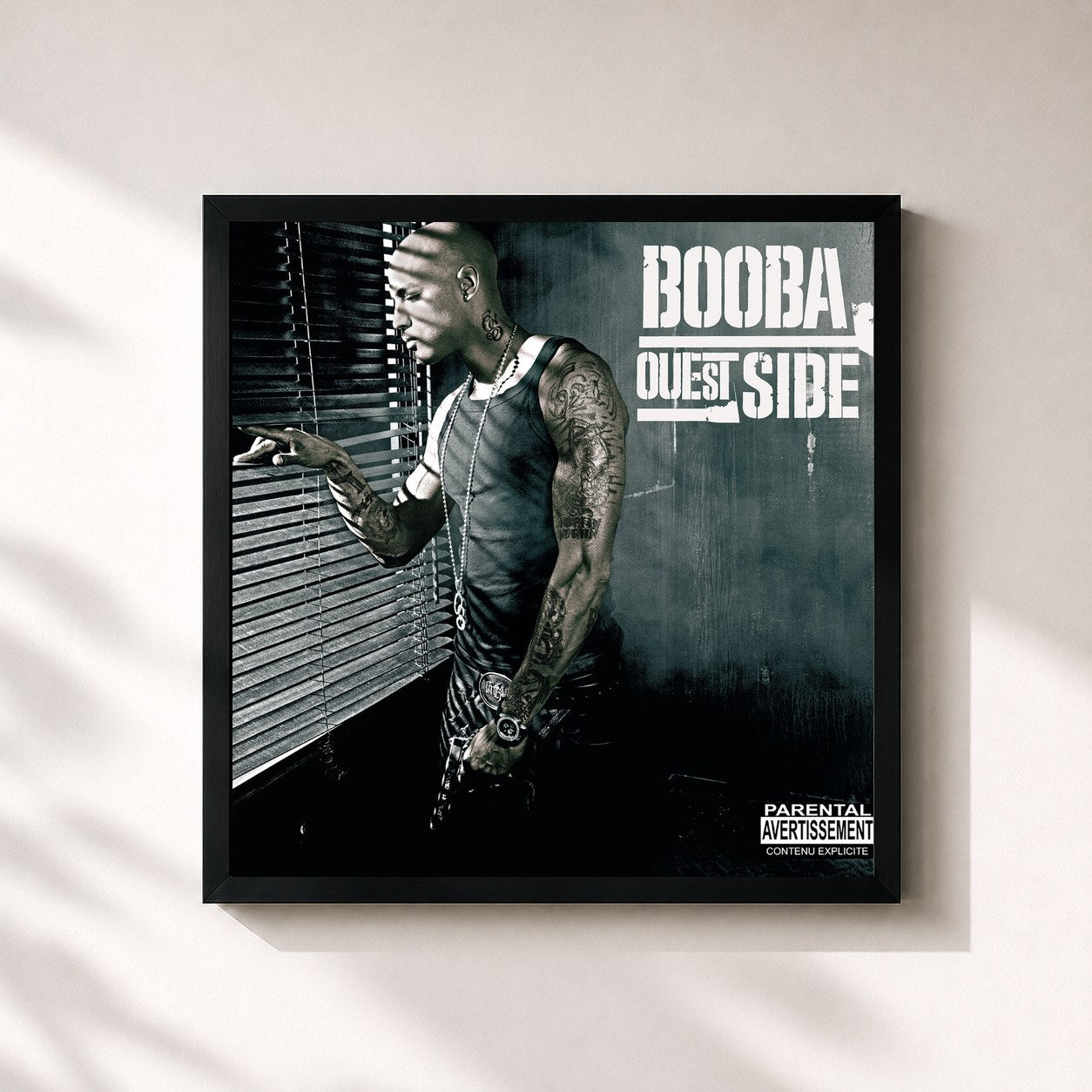 #noir Tableau carré de l'album Ouest Side de Booba, cadre noir 32x32 cm