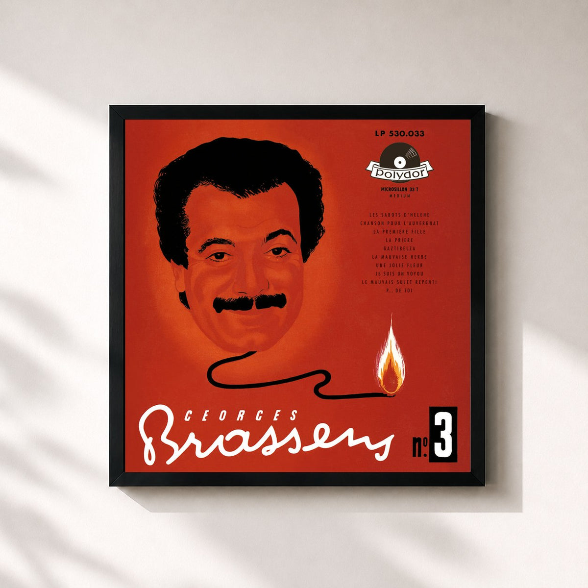 #noir Tableau carré de l'album Georges Brassens sa guitare et les rythmes N°3 de Georges Brassens, cadre noir 32x32 cm