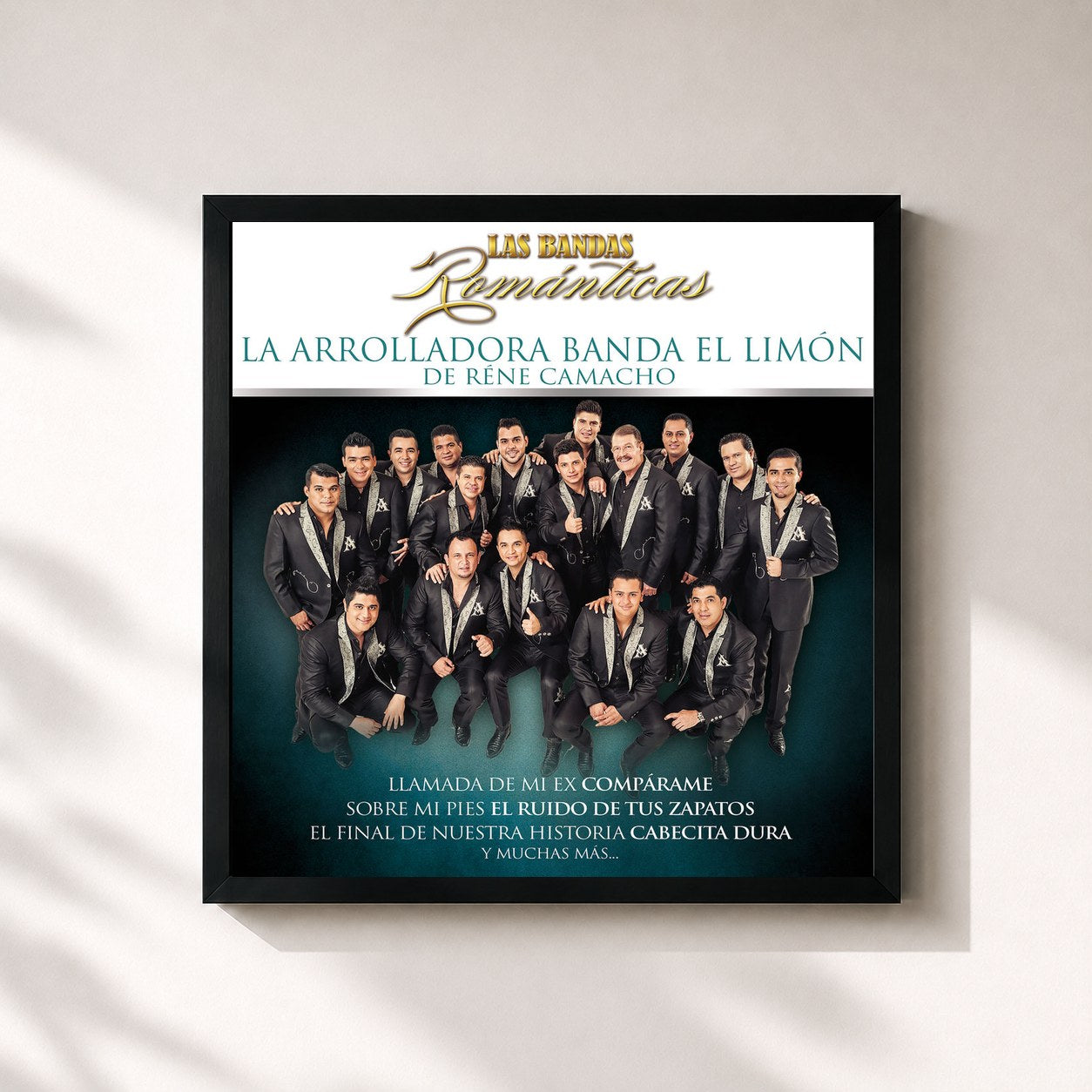 #noir Tableau carré de l'album Las Bandas Románticas de La Arrolladora Banda El Limón De Rene Camacho, cadre noir 32x32 cm