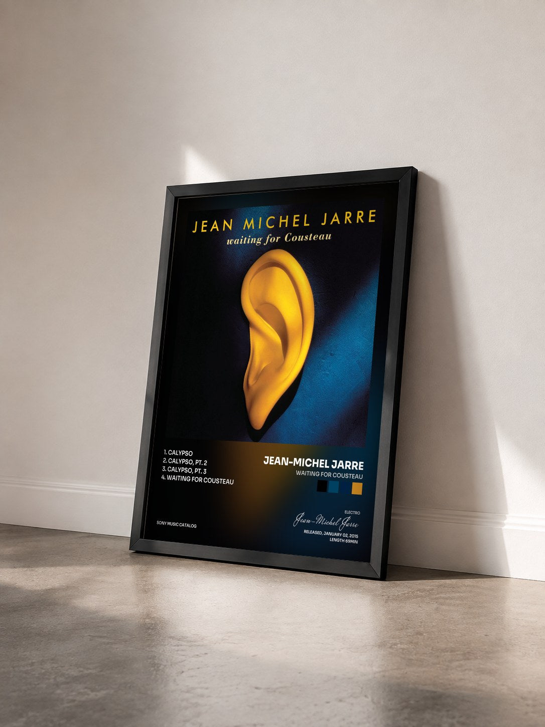 #noir Tableau de l'album Waiting for Cousteau de Jean-Michel Jarre vu de trois quarts, cadre noir