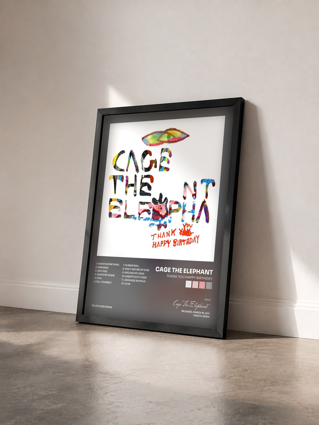 #noir Thank You Happy Birthday von Cage The Elephant als gerahmter Kunstdruck von schräg gesehen, schwarzer Rahmen