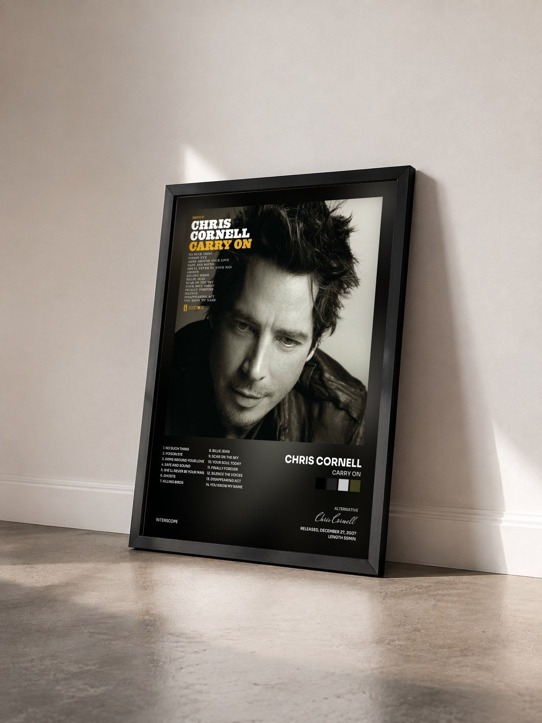 #noir Carry On by Chris Cornell as a framed art print seen at an angle, black frame