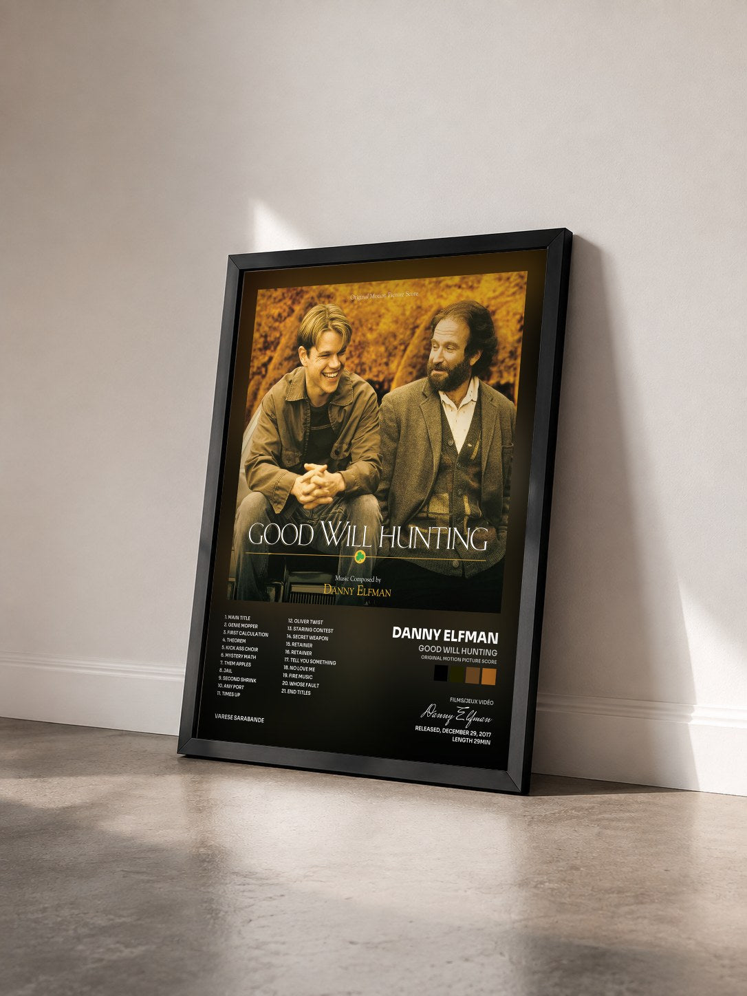 #noir Tableau de l'album Good Will Hunting (Original Motion Picture Score) de Danny Elfman vu de trois quarts, cadre noir