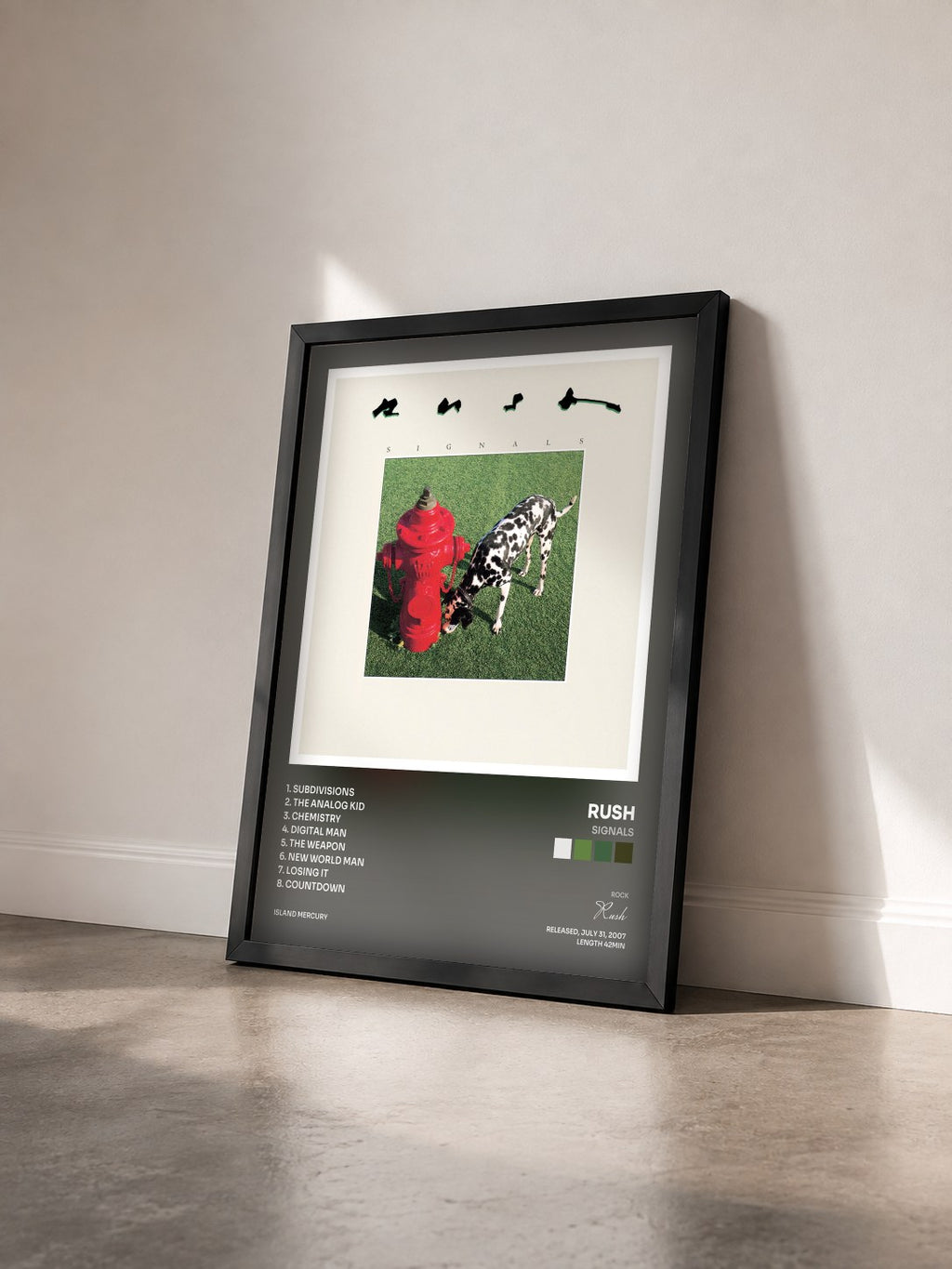 #noir Tableau de l'album Signals de Rush vu de trois quarts, cadre noir