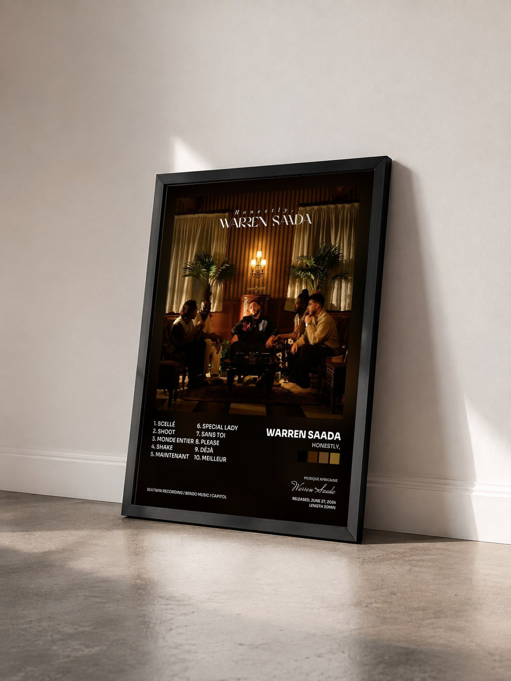 #noir Tableau de l'album Honestly, de Warren Saada vu de trois quarts, cadre noir
