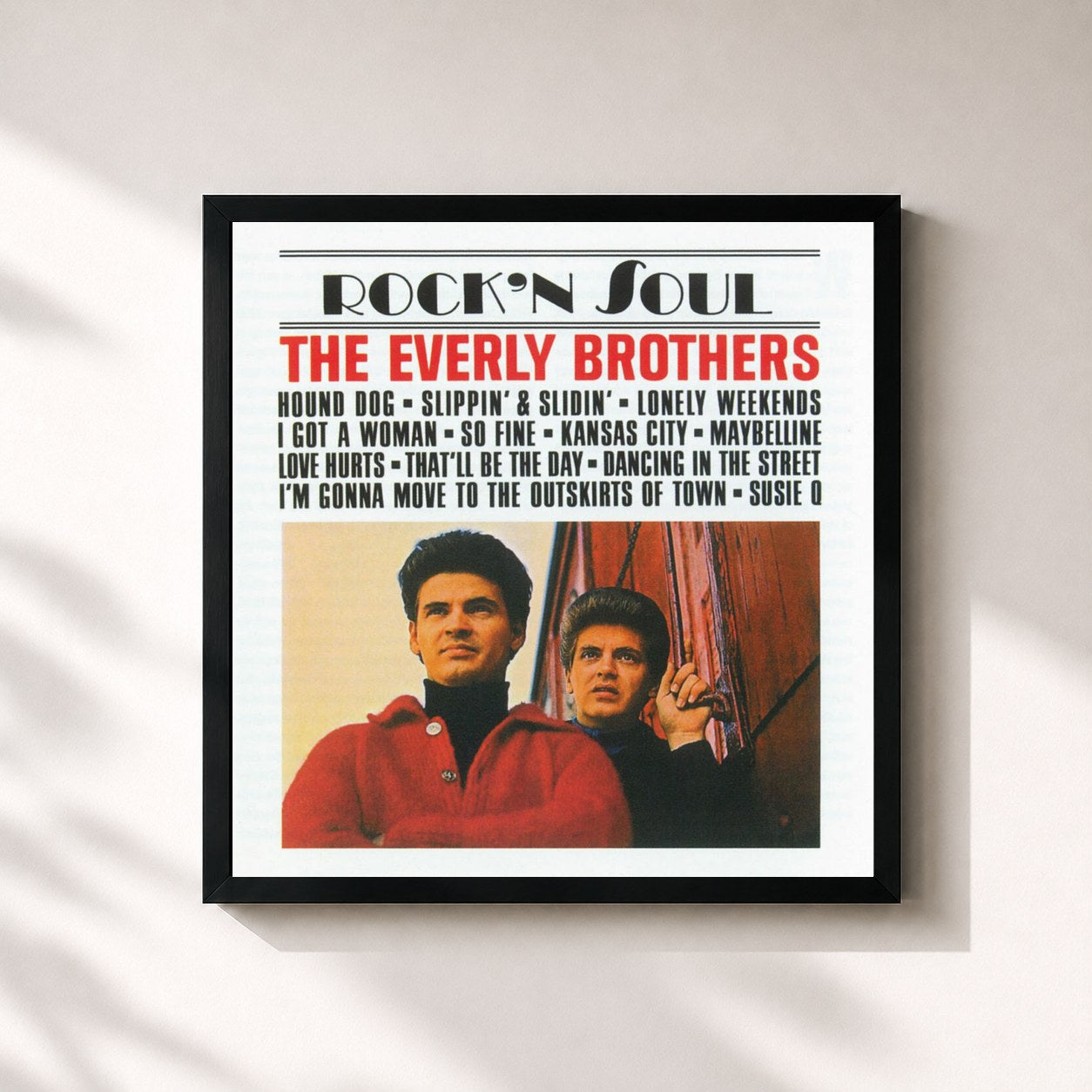 #noir Tableau carré de l'album Rock 'n Soul de The Everly Brothers, cadre noir 32x32 cm