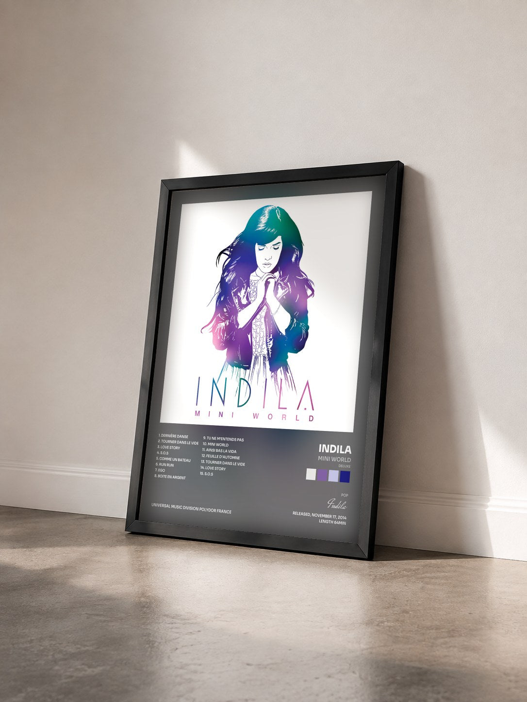 #noir Tableau de l'album Mini World (Deluxe) de Indila vu de trois quarts, cadre noir