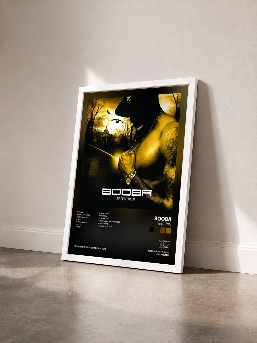 #blanc Tableau de l'album Panthéon de Booba vu de trois quarts, cadre blanc