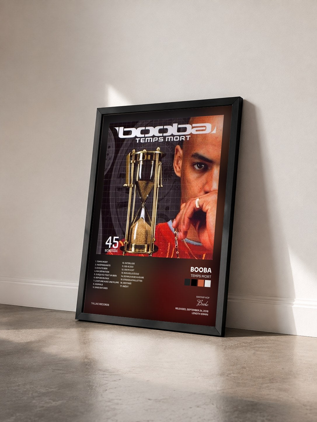 #noir Temps mort by Booba as a framed art print seen at an angle, black frame