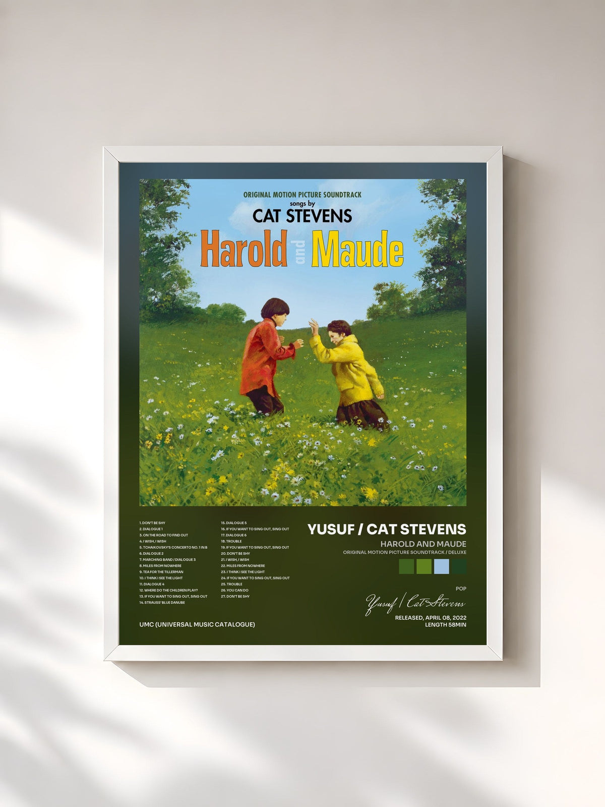 #blanc Tableau de l'album Harold And Maude (Original Motion Picture Soundtrack / Deluxe) de Yusuf / Cat Stevens, cadre blanc, imprimé et encadré en France