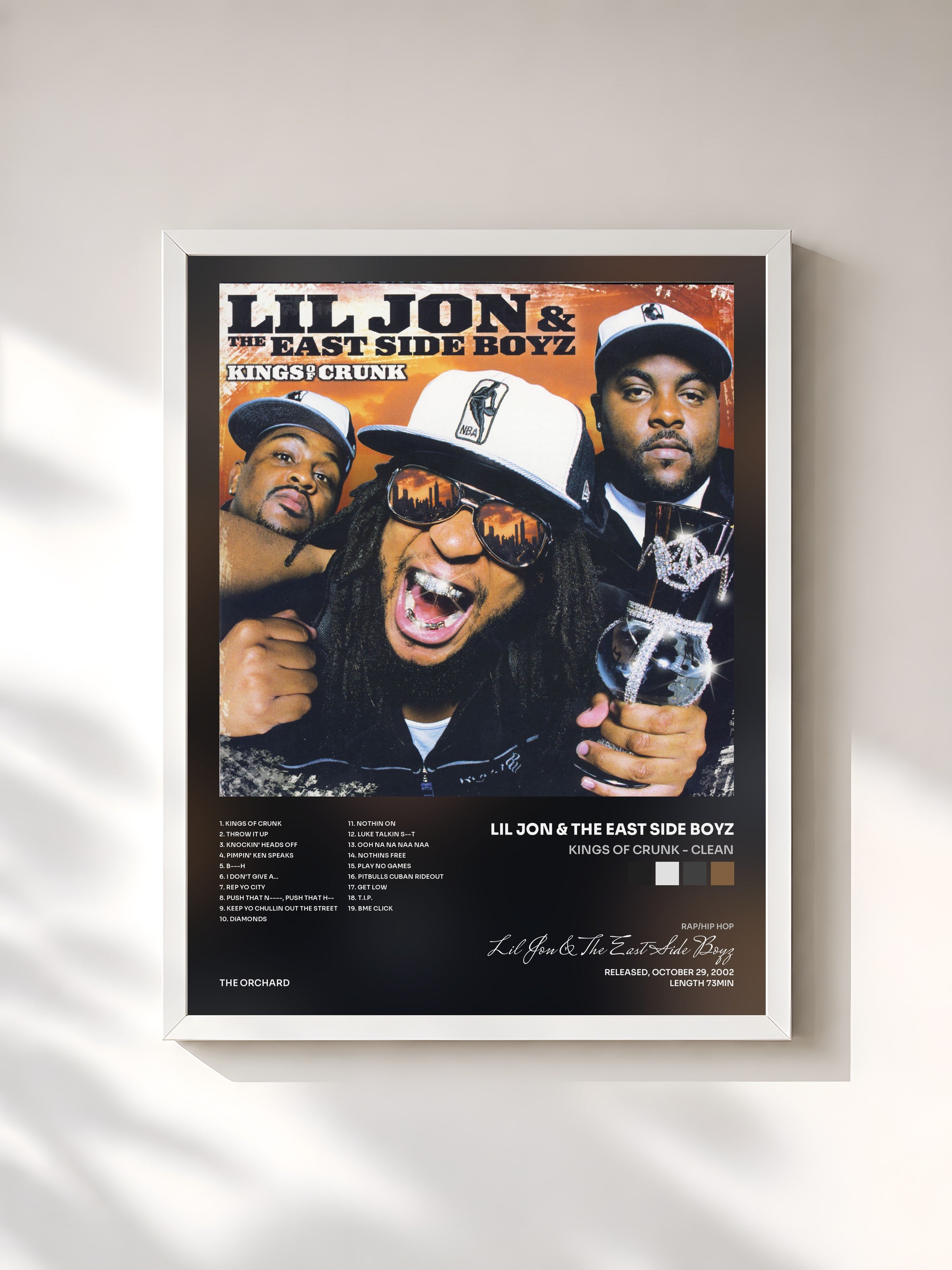 #blanc Tableau de l'album Kings Of Crunk - Clean de Lil Jon & The East Side Boyz, cadre blanc, imprimé et encadré en France