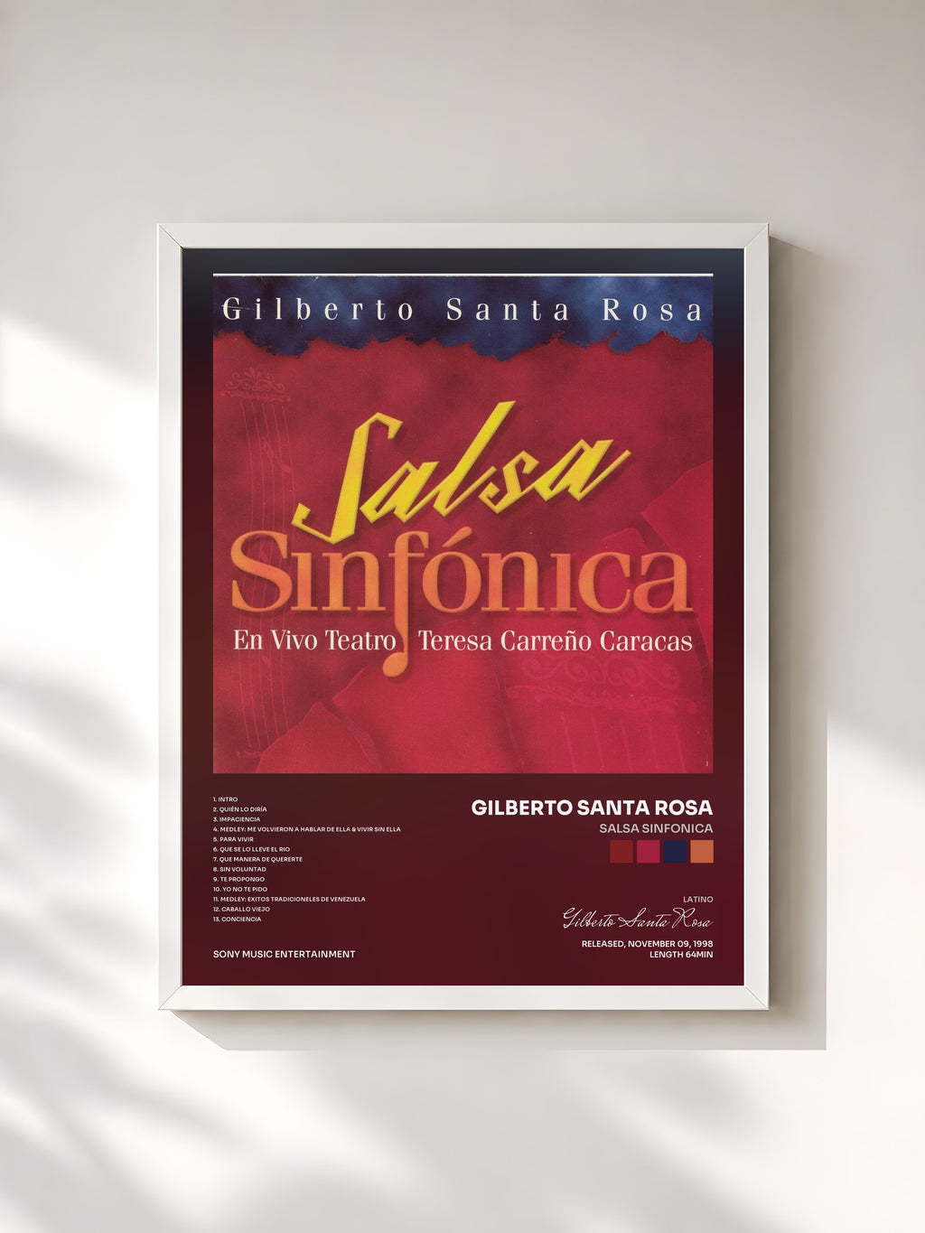 #blanc Tableau de l'album Salsa Sinfonica de Gilberto Santa Rosa, cadre blanc, imprimé et encadré en France