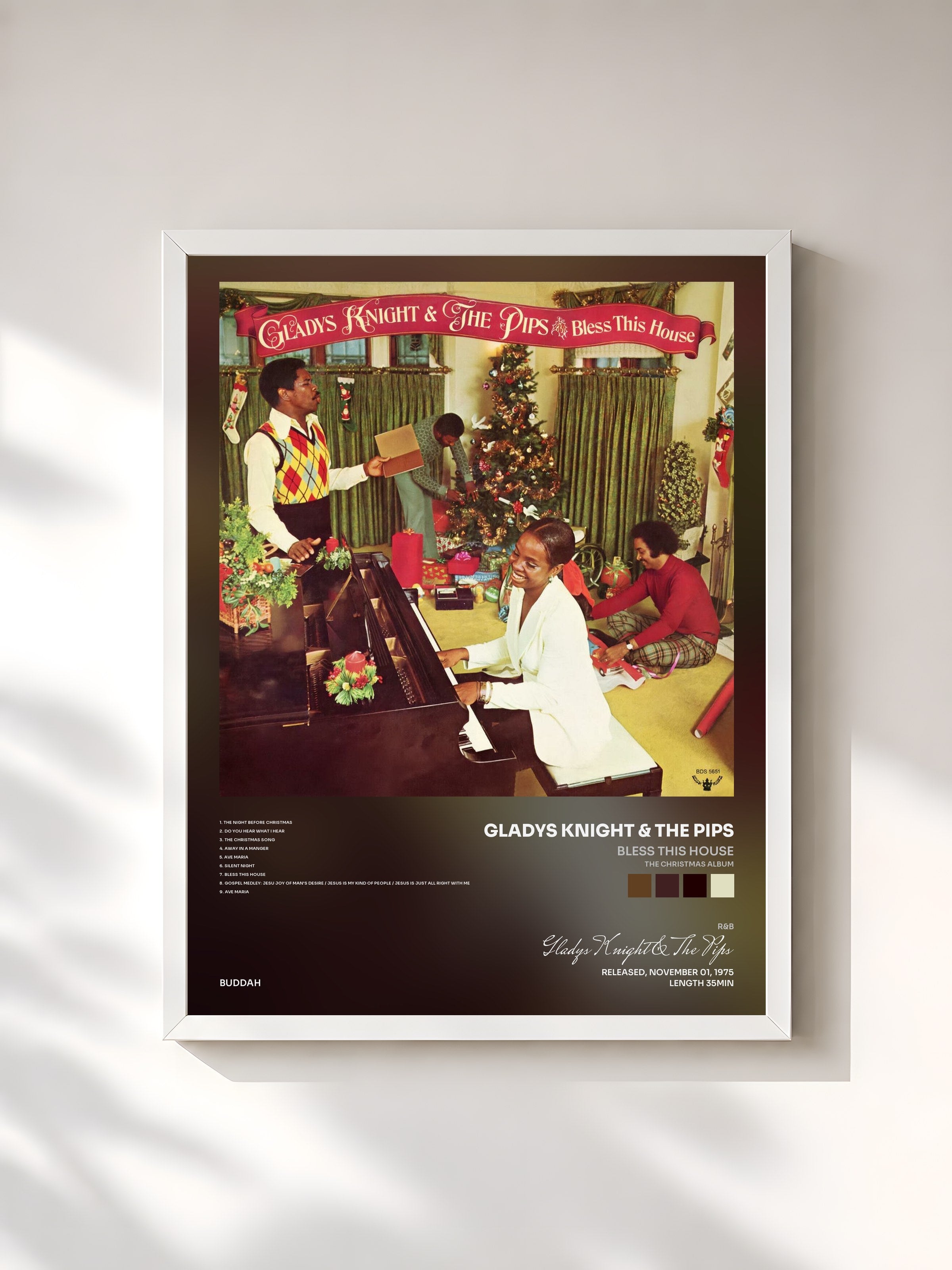 #blanc Tableau de l'album Bless This House (The Christmas Album) de Gladys Knight & The Pips, cadre blanc, imprimé et encadré en France