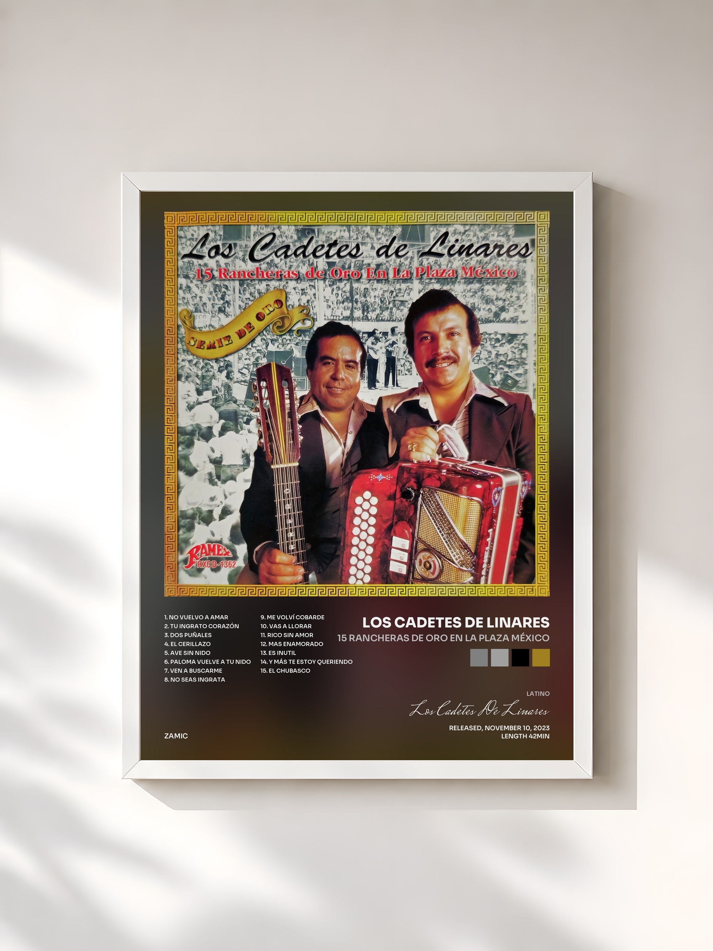 #blanc Tableau de l'album 15 Rancheras De Oro En La Plaza México de Los Cadetes De Linares, cadre blanc, imprimé et encadré en France