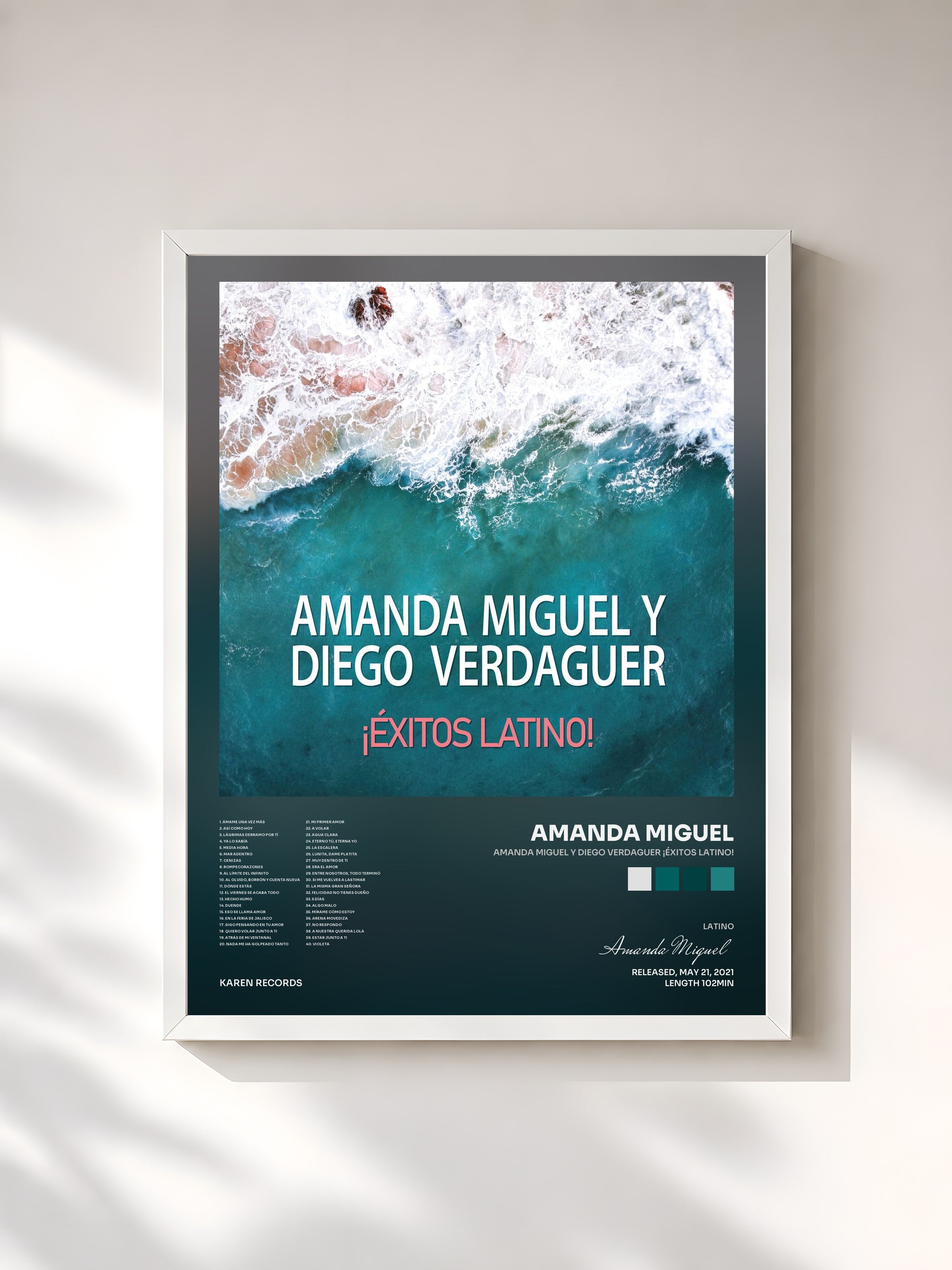 #blanc Tableau de l'album Amanda Miguel y Diego Verdaguer ¡Éxitos Latino! de Amanda Miguel, cadre blanc, imprimé et encadré en France