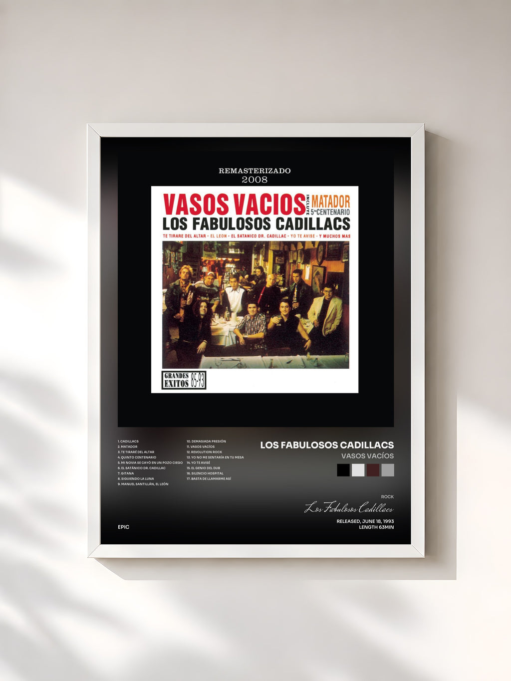 #blanc Tableau de l'album Vasos Vacíos de Los Fabulosos Cadillacs, cadre blanc, imprimé et encadré en France