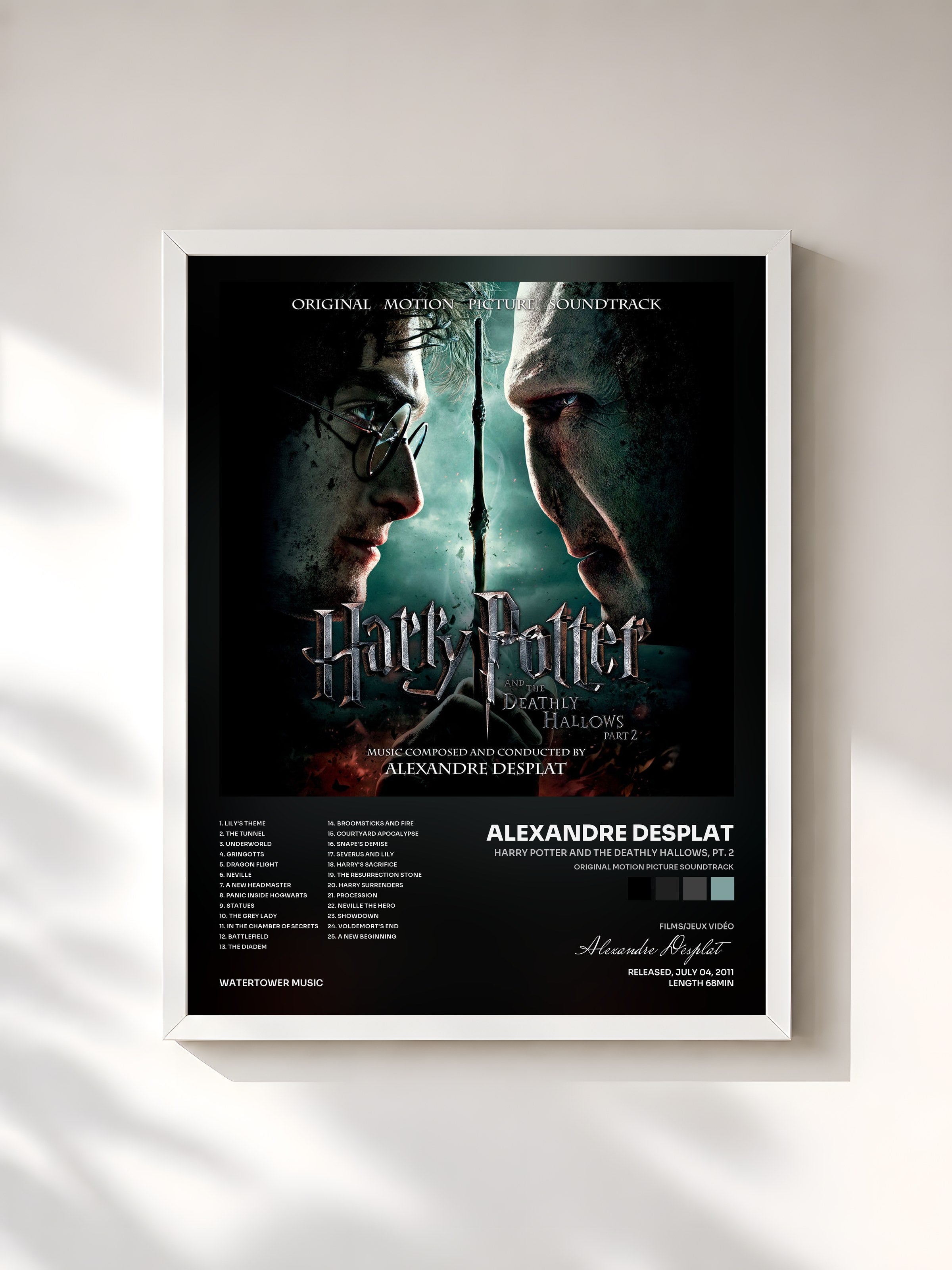 #blanc Tableau de l'album Harry Potter and the Deathly Hallows, Pt. 2 (Original Motion Picture Soundtrack) de Alexandre Desplat, cadre blanc, imprimé et encadré en France