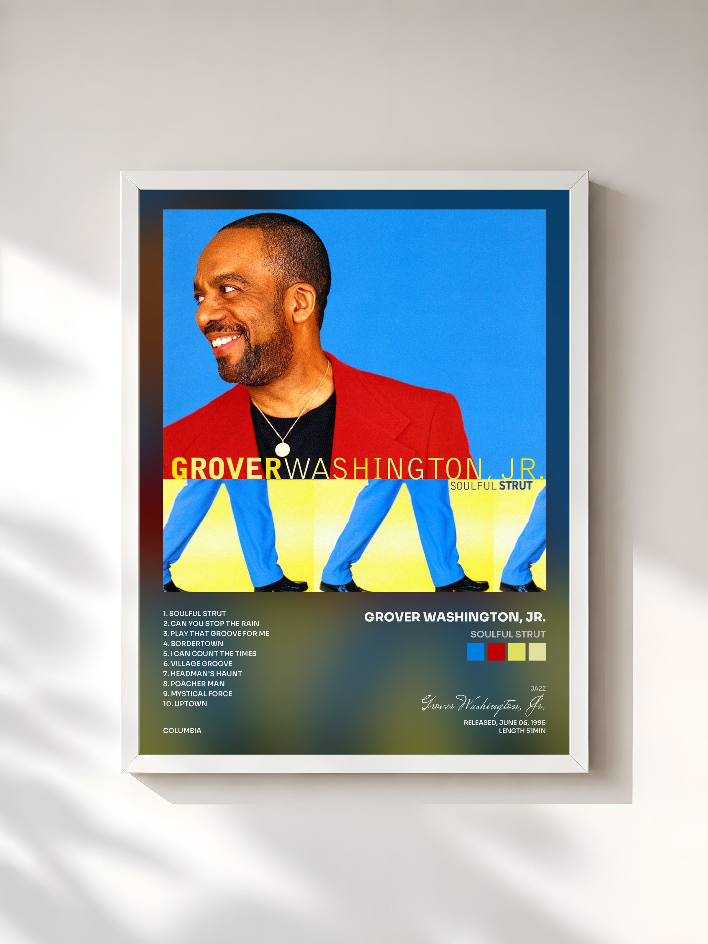 #blanc Tableau de l'album Soulful Strut de Grover Washington, Jr., cadre blanc, imprimé et encadré en France