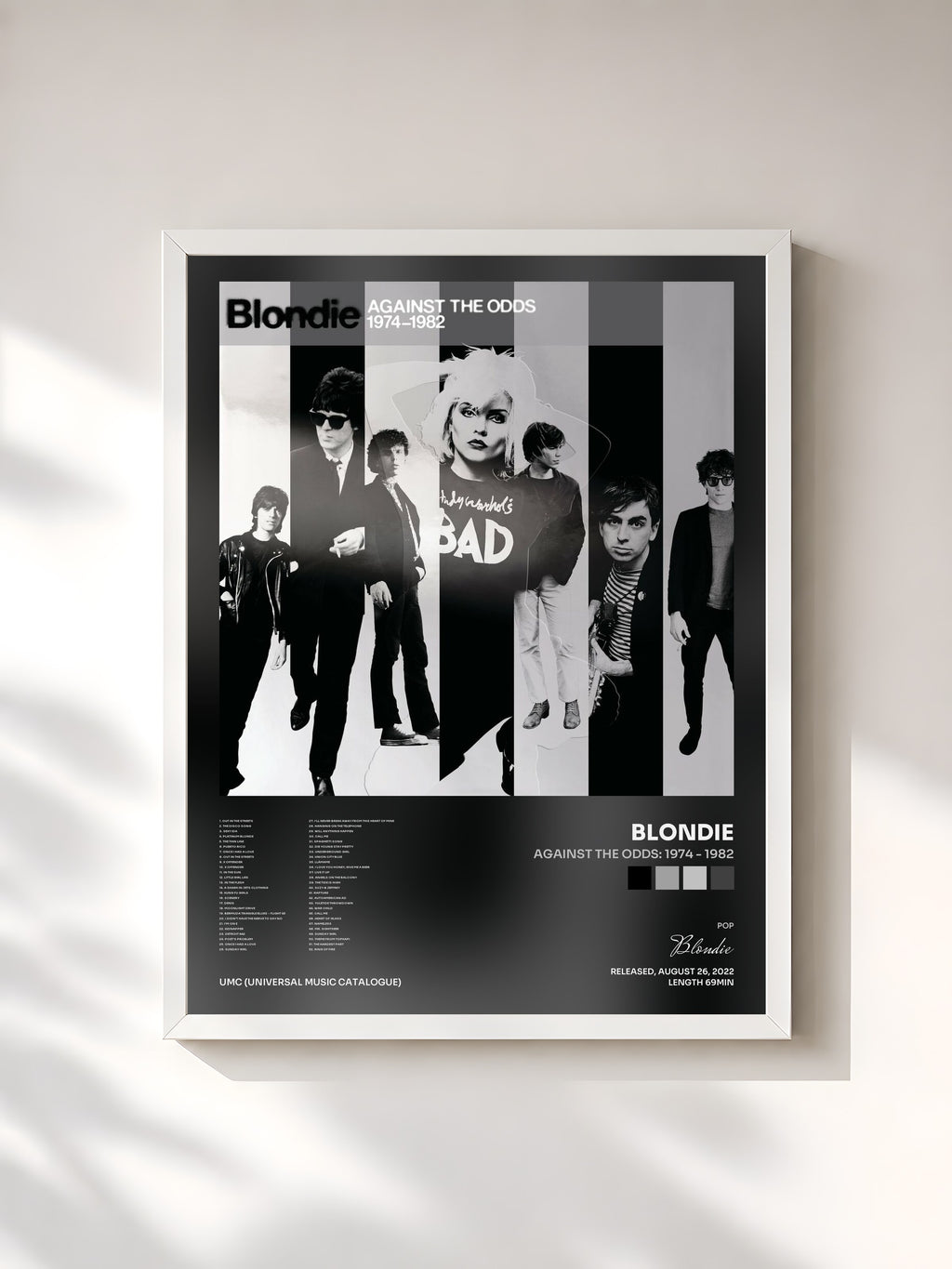 #blanc Tableau de l'album Against The Odds: 1974 - 1982 de Blondie, cadre blanc, imprimé et encadré en France
