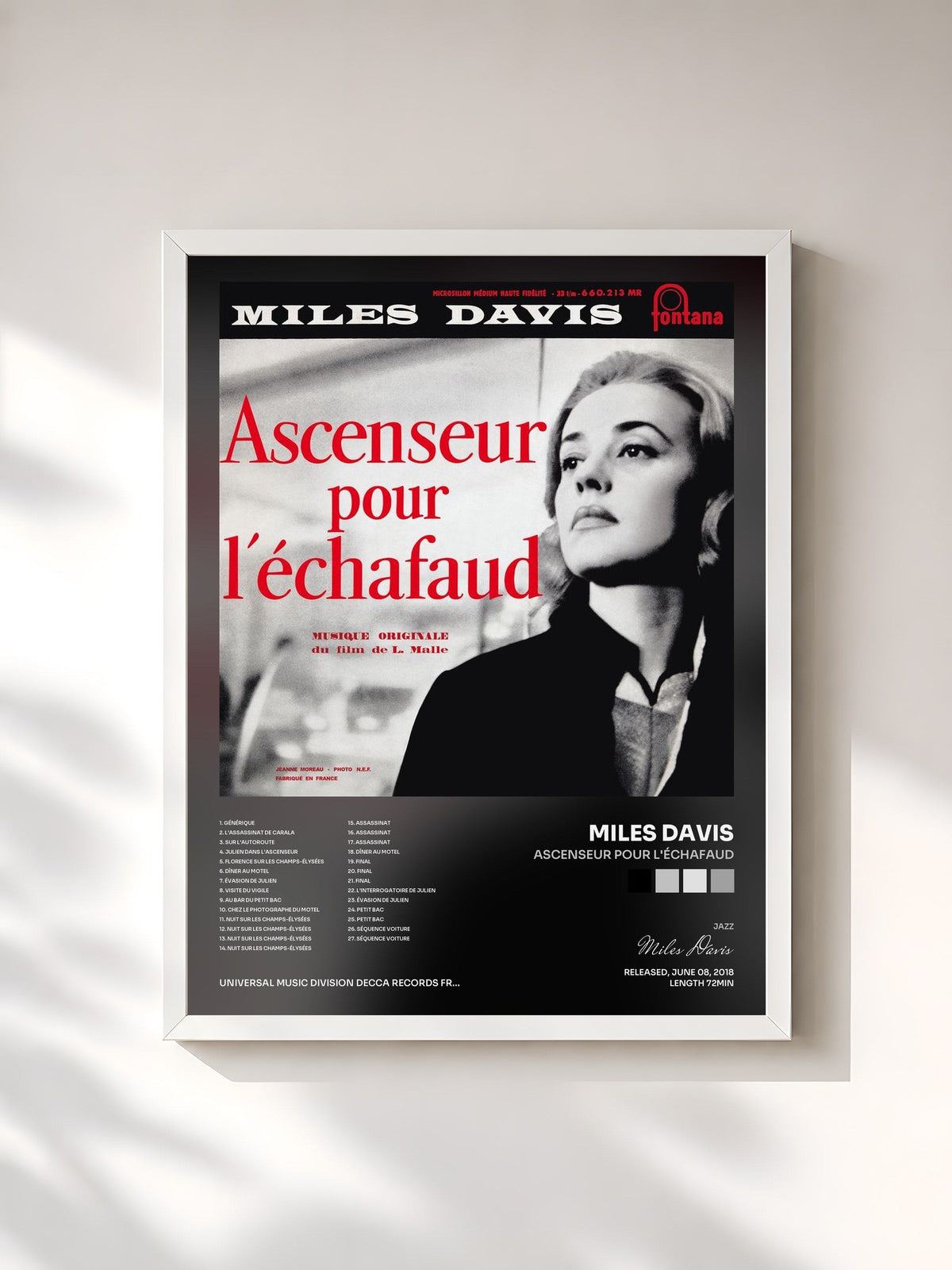 #blanc Tableau de l'album Ascenseur pour l'échafaud de Miles Davis, cadre blanc, imprimé et encadré en France