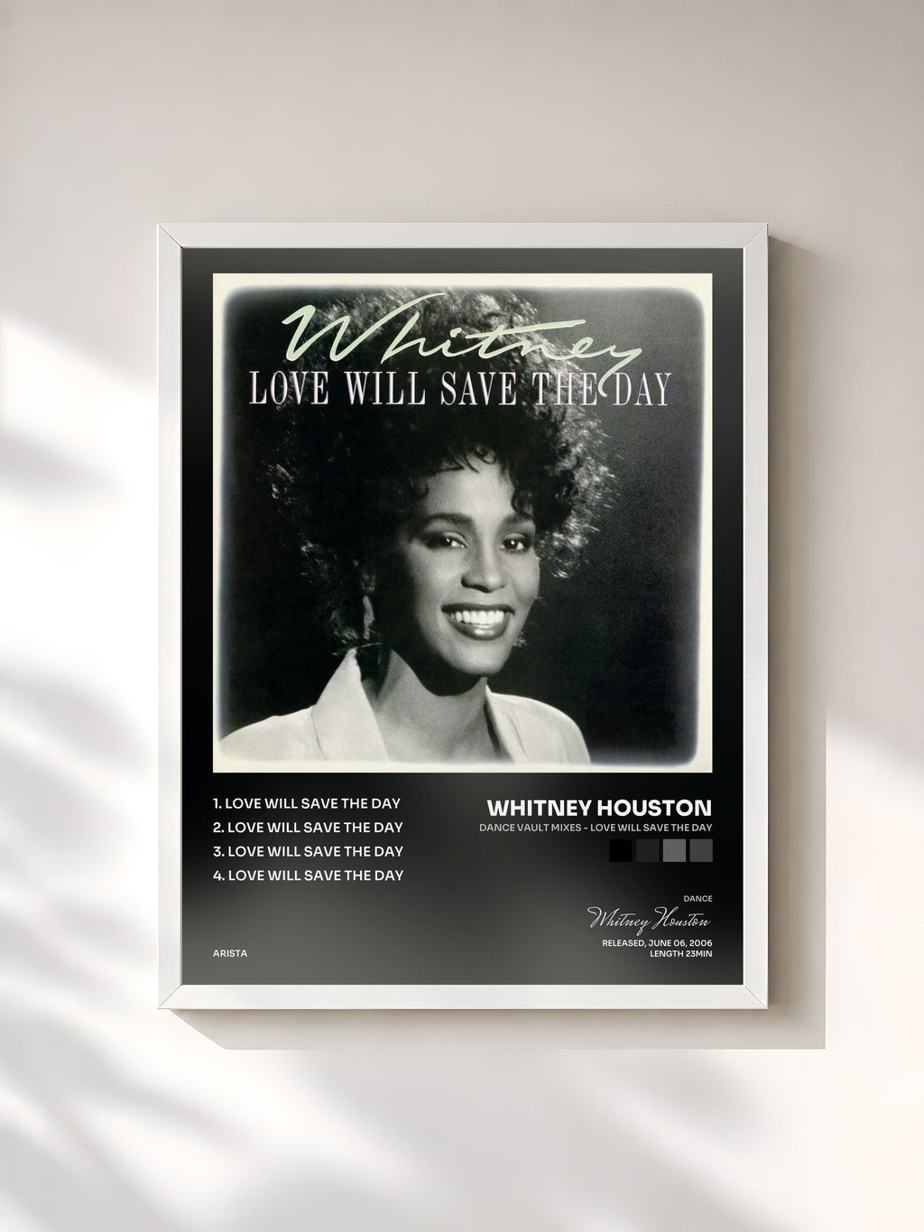 #blanc Tableau de l'album Dance Vault Mixes - Love Will Save The Day de Whitney Houston, cadre blanc, imprimé et encadré en France
