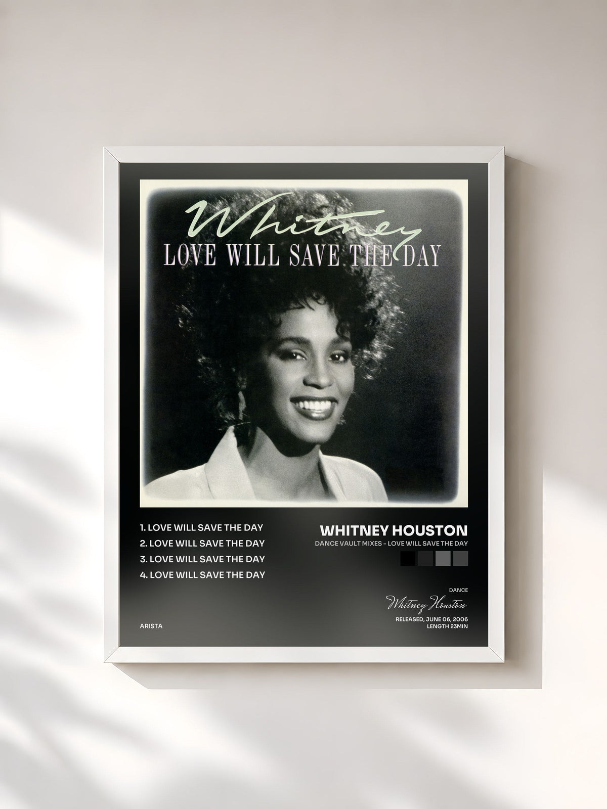 #blanc Tableau de l'album Dance Vault Mixes - Love Will Save The Day de Whitney Houston, cadre blanc, imprimé et encadré en France