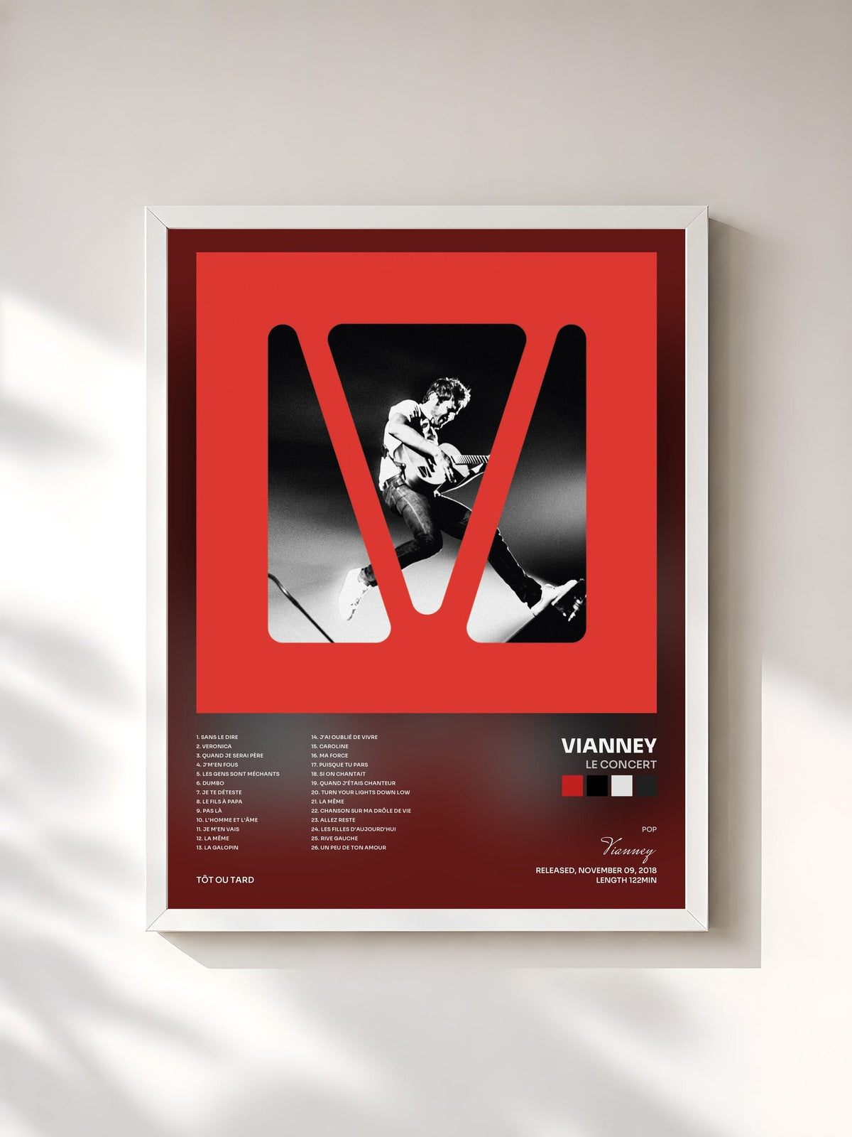 #blanc Le concert by Vianney as a framed art print, white frame, printed and framed in France