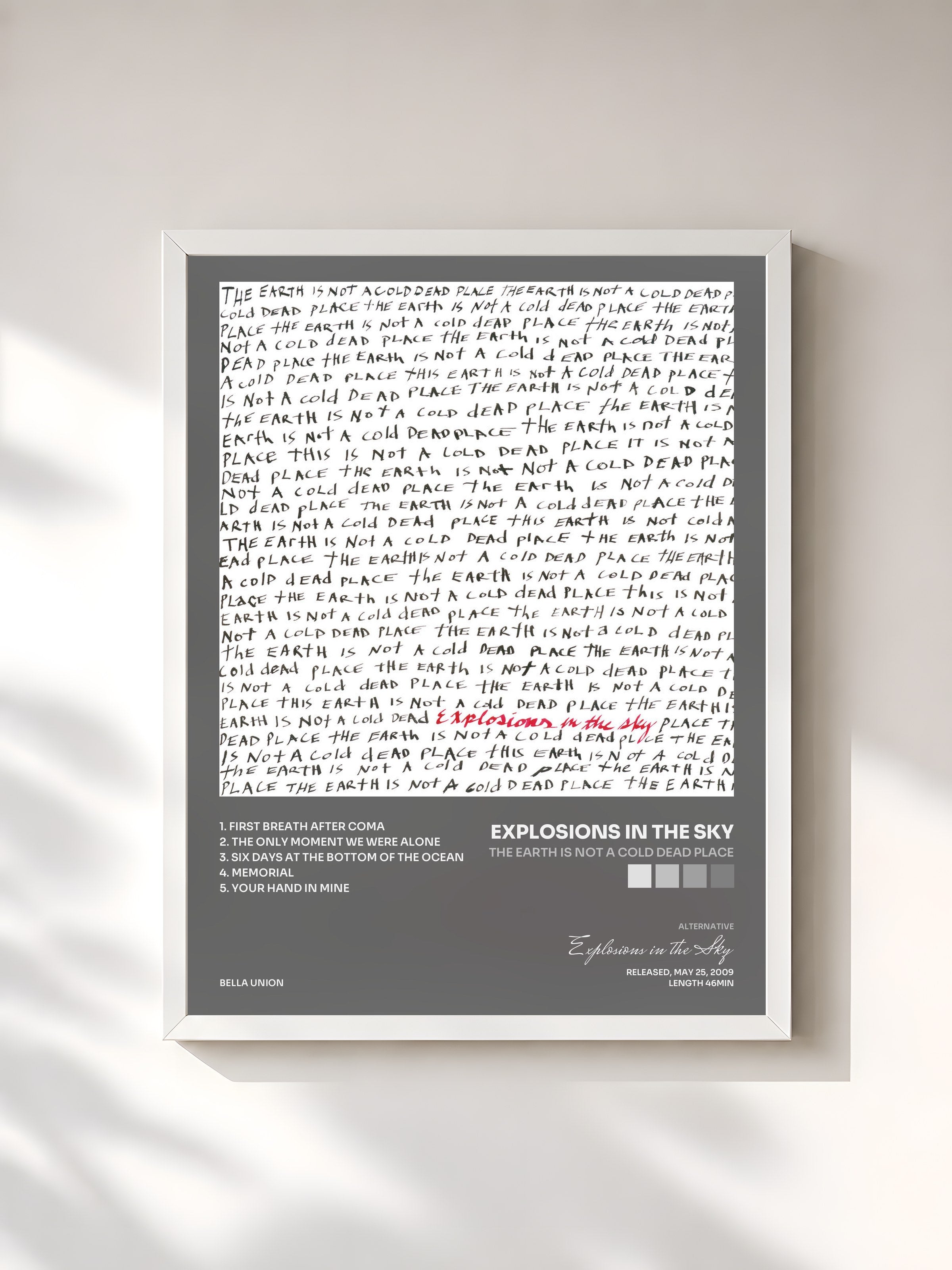 #blanc Tableau de l'album The Earth Is Not a Cold Dead Place de Explosions in the Sky, cadre blanc, imprimé et encadré en France