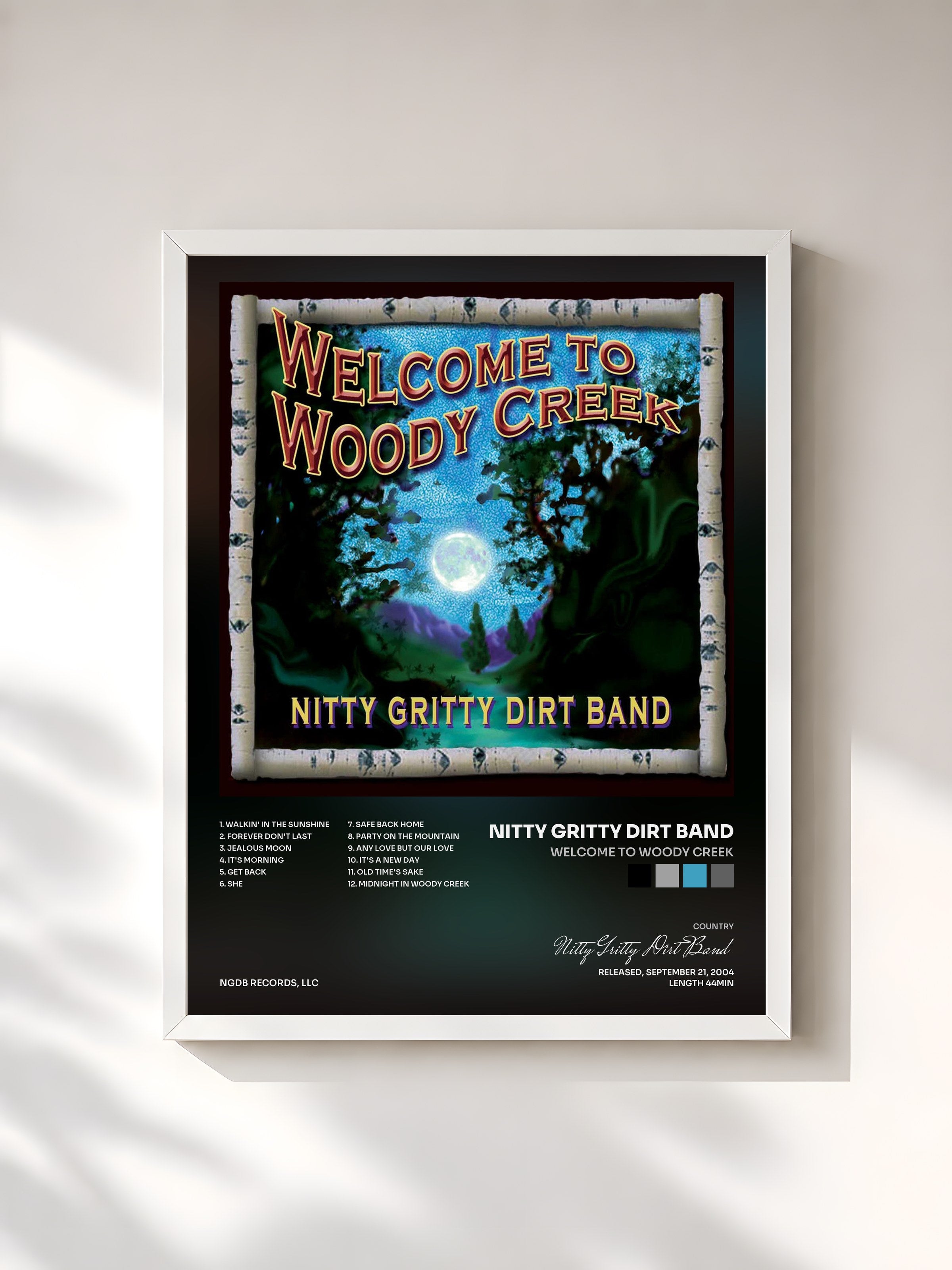 #blanc Tableau de l'album Welcome to Woody Creek de Nitty Gritty Dirt Band, cadre blanc, imprimé et encadré en France