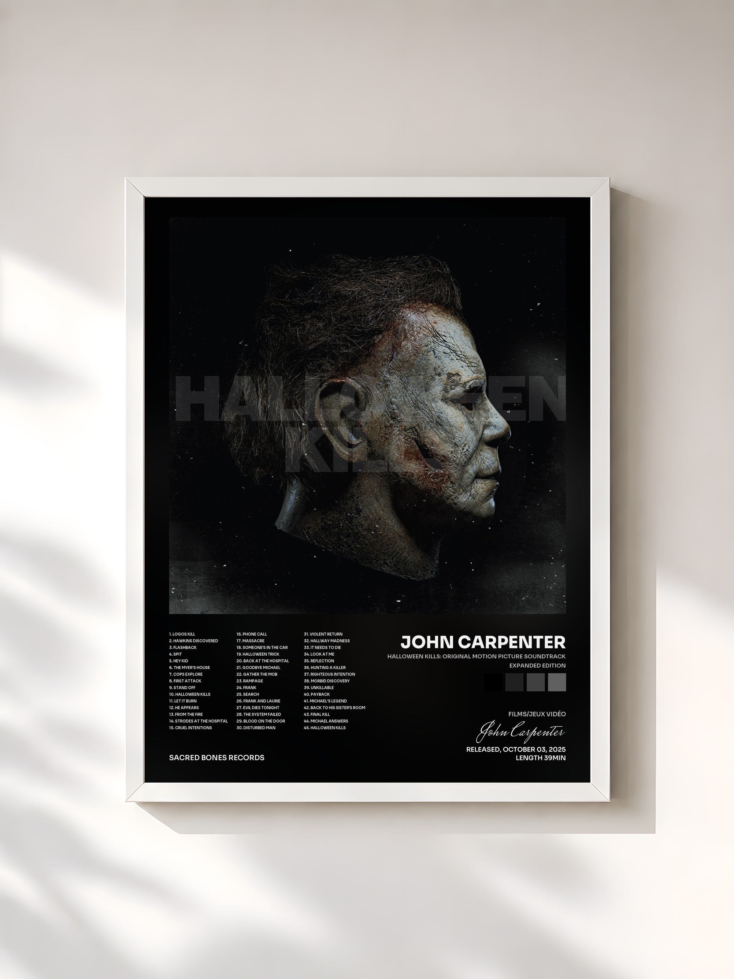 #blanc Tableau de l'album Halloween Kills: Original Motion Picture Soundtrack (Expanded Edition) de John Carpenter, cadre blanc, imprimé et encadré en France