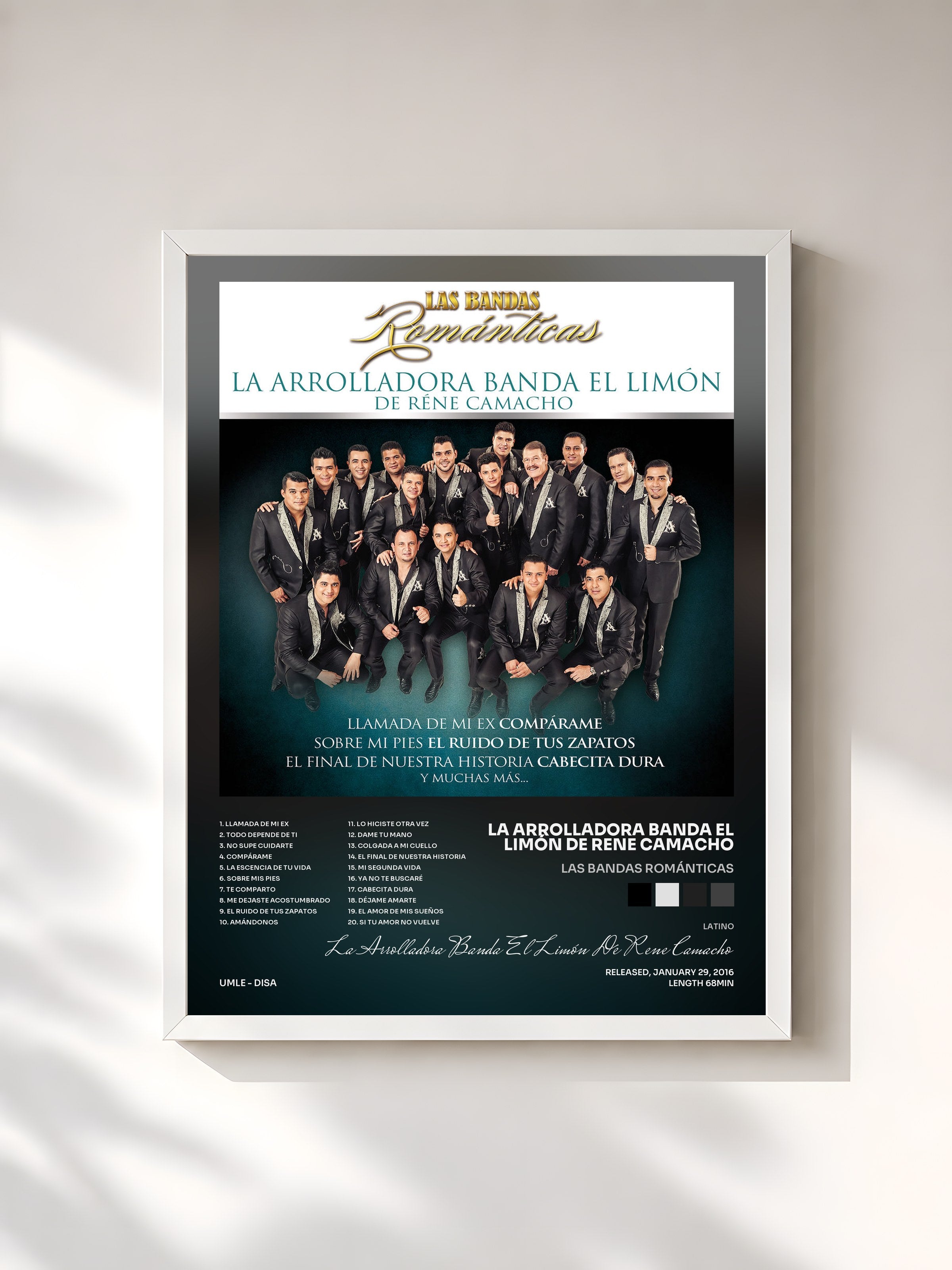 #blanc Tableau de l'album Las Bandas Románticas de La Arrolladora Banda El Limón De Rene Camacho, cadre blanc, imprimé et encadré en France