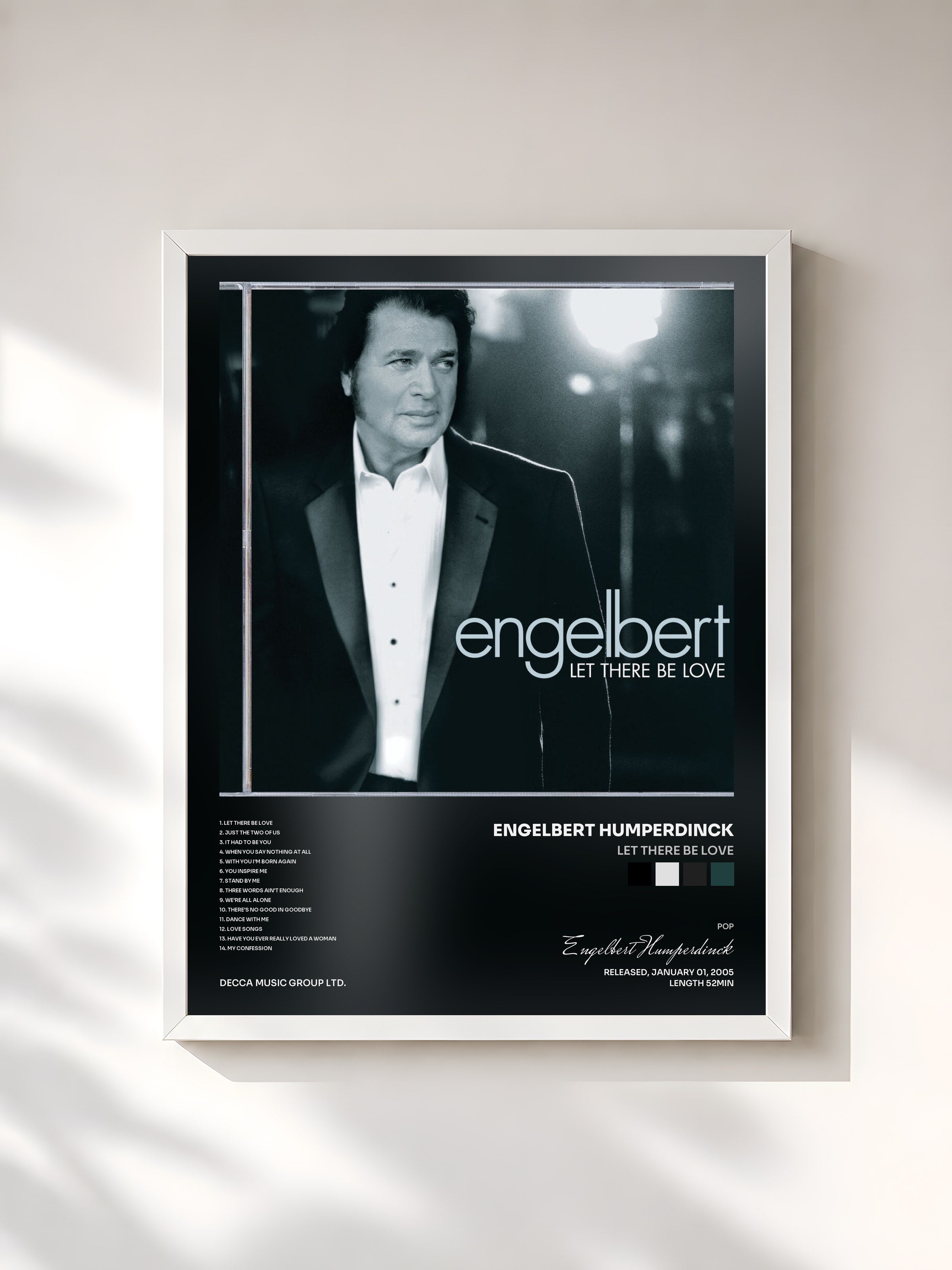 #blanc Tableau de l'album Let There Be Love de Engelbert Humperdinck, cadre blanc, imprimé et encadré en France