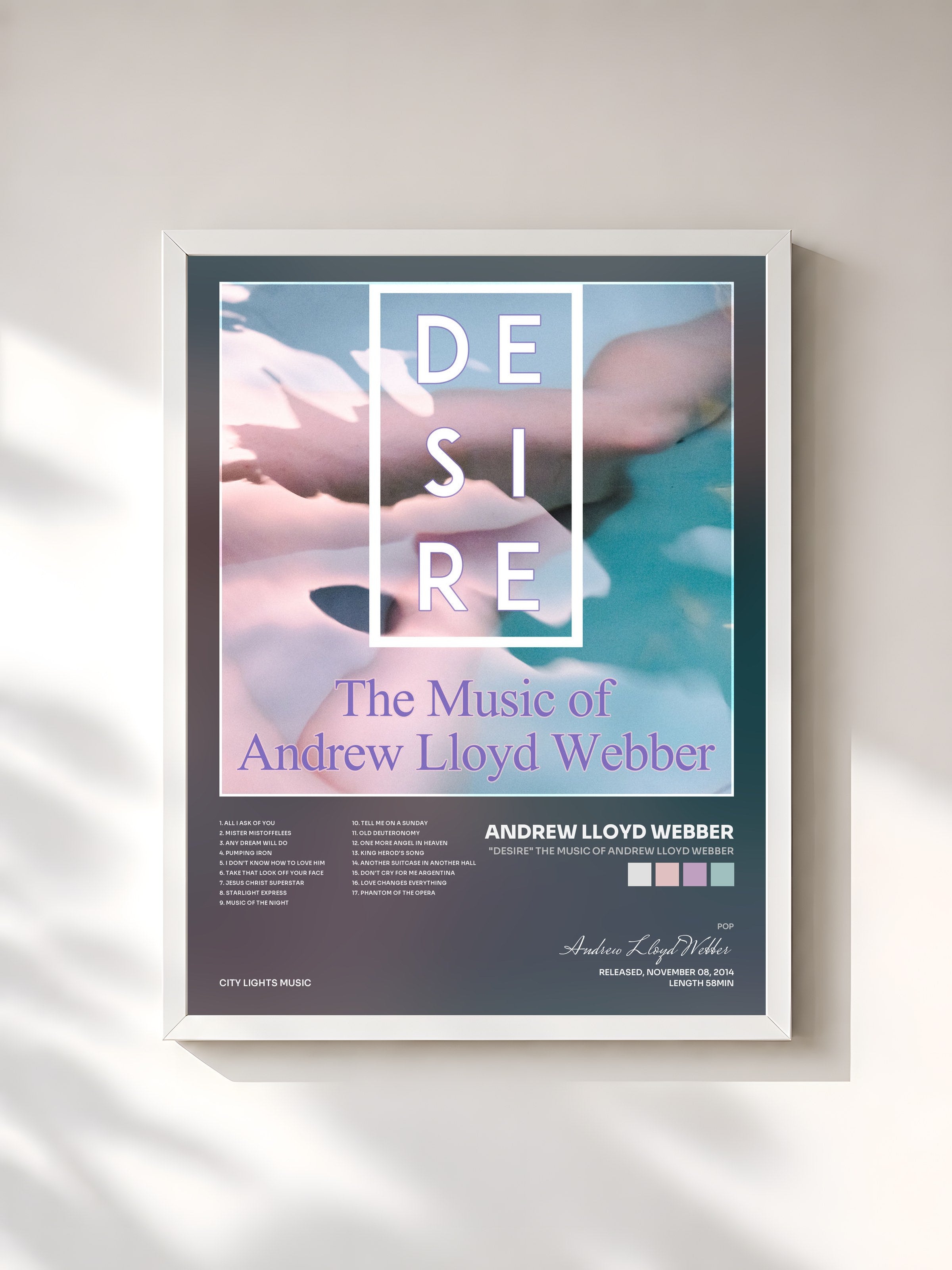 #blanc Tableau de l'album "Desire" The Music of Andrew Lloyd Webber de Andrew Lloyd Webber, cadre blanc, imprimé et encadré en France