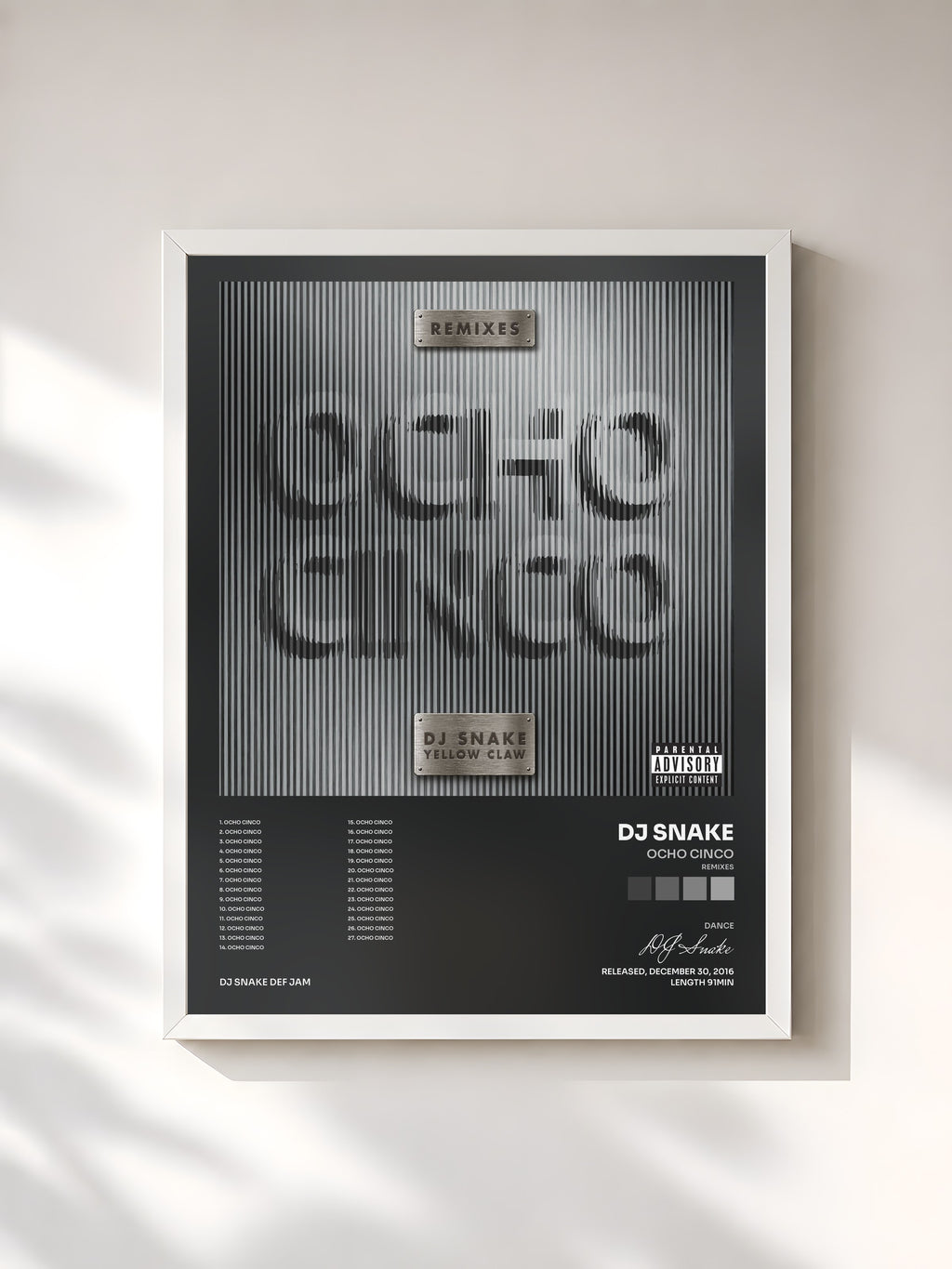 #blanc Tableau de l'album Ocho Cinco (Remixes) de DJ Snake, cadre blanc, imprimé et encadré en France