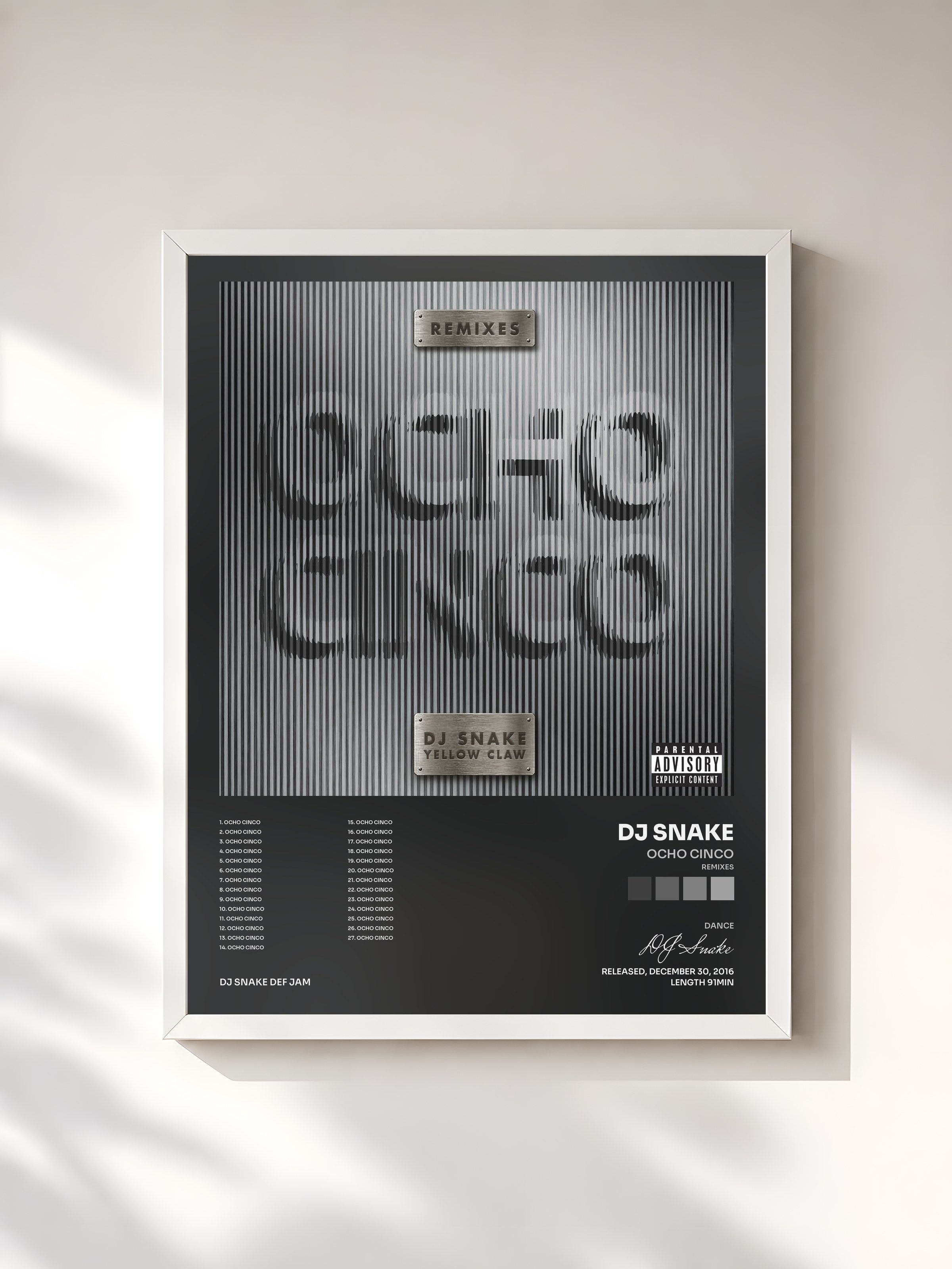 #blanc Tableau de l'album Ocho Cinco (Remixes) de DJ Snake, cadre blanc, imprimé et encadré en France