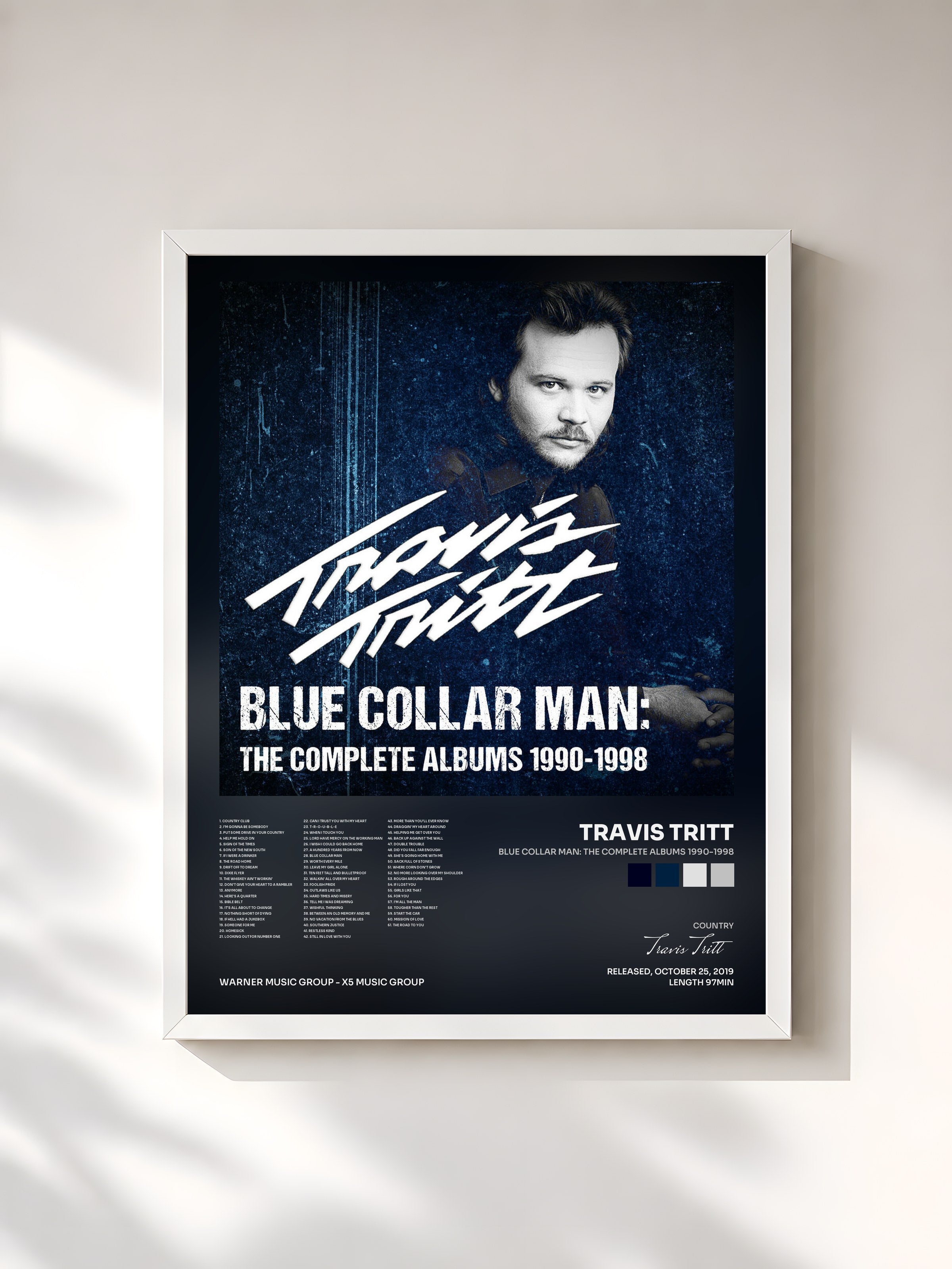 #blanc Tableau de l'album Blue Collar Man: The Complete Albums 1990-1998 de Travis Tritt, cadre blanc, imprimé et encadré en France