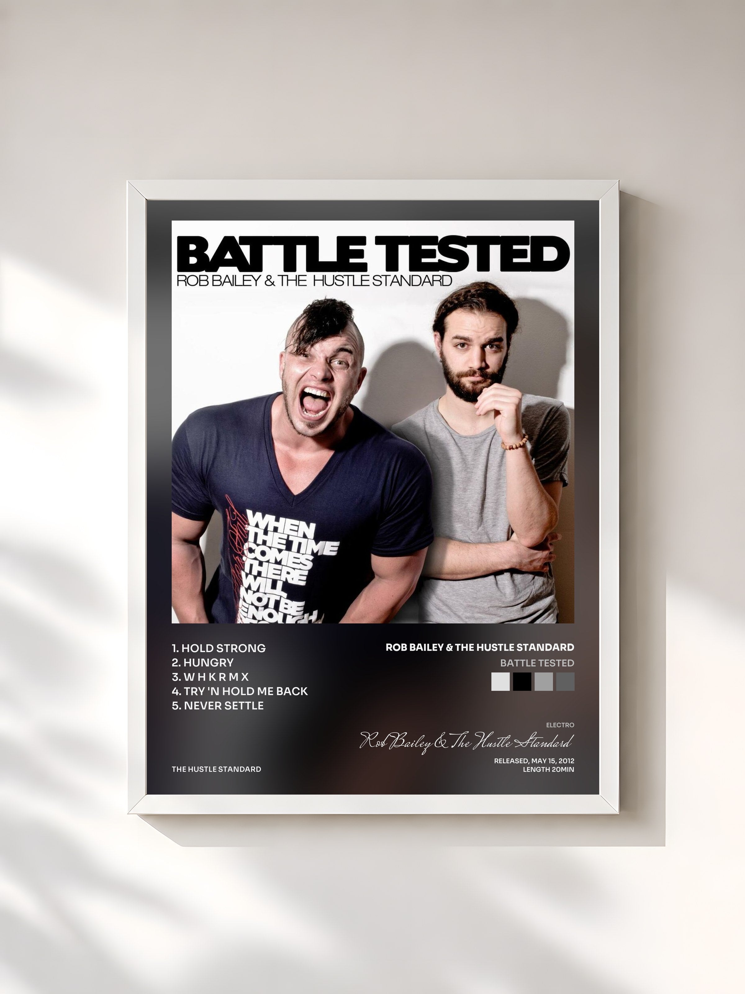 #blanc Tableau de l'album Battle Tested de Rob Bailey & The Hustle Standard, cadre blanc, imprimé et encadré en France