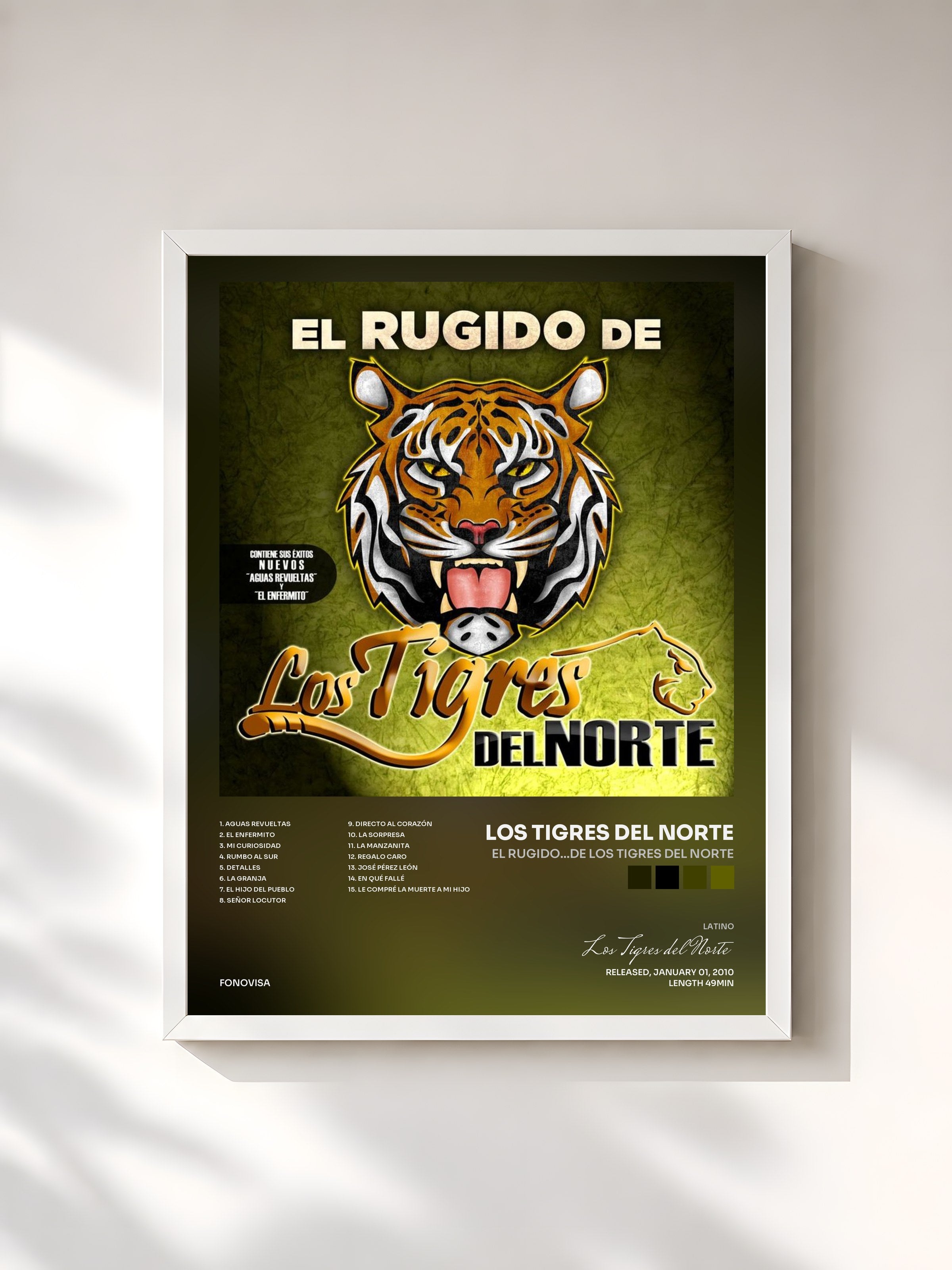 #blanc Tableau de l'album El Rugido...De Los Tigres Del Norte de Los Tigres del Norte, cadre blanc, imprimé et encadré en France