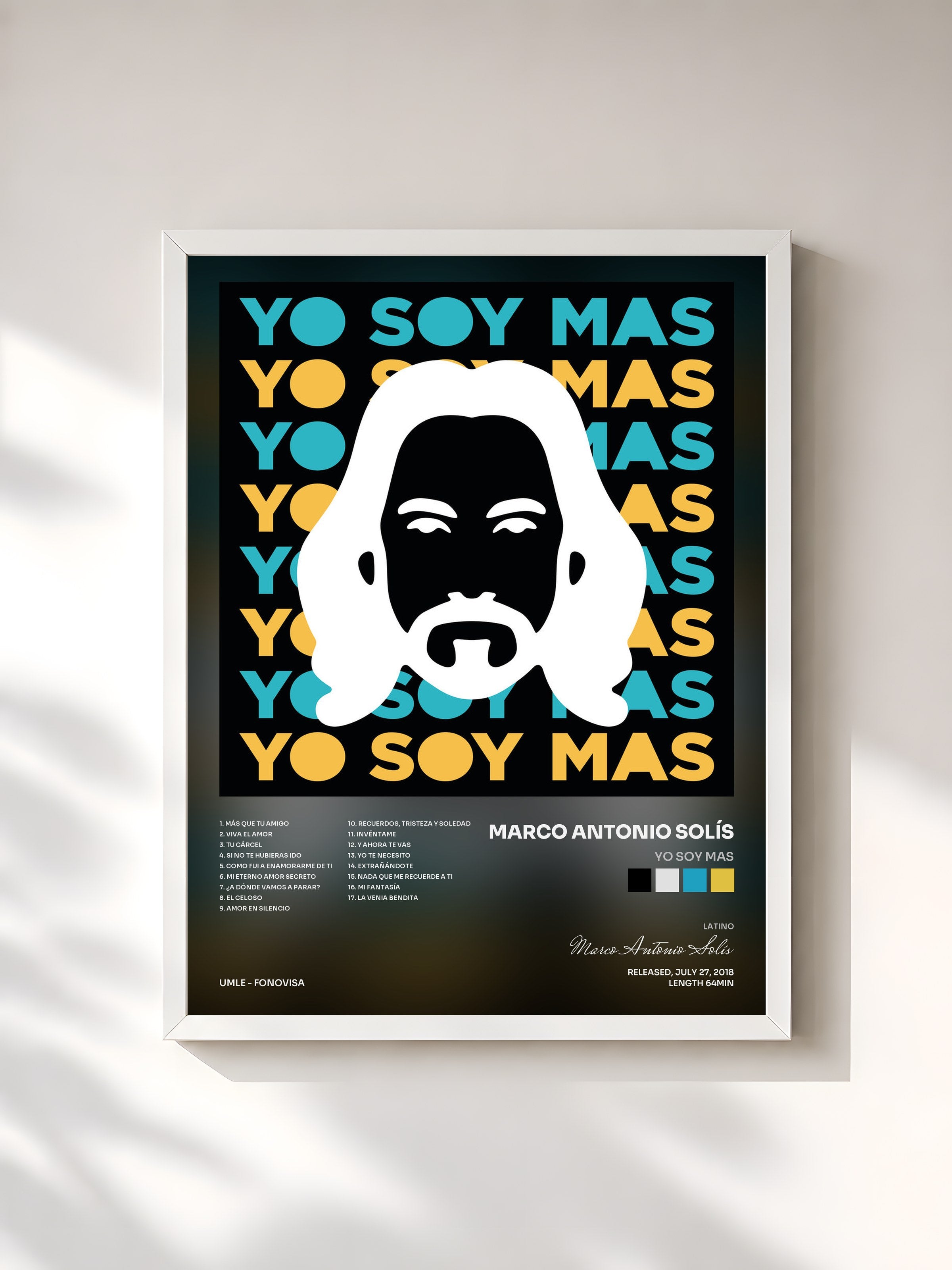 #blanc Tableau de l'album Yo Soy MAS de Marco Antonio Solís, cadre blanc, imprimé et encadré en France