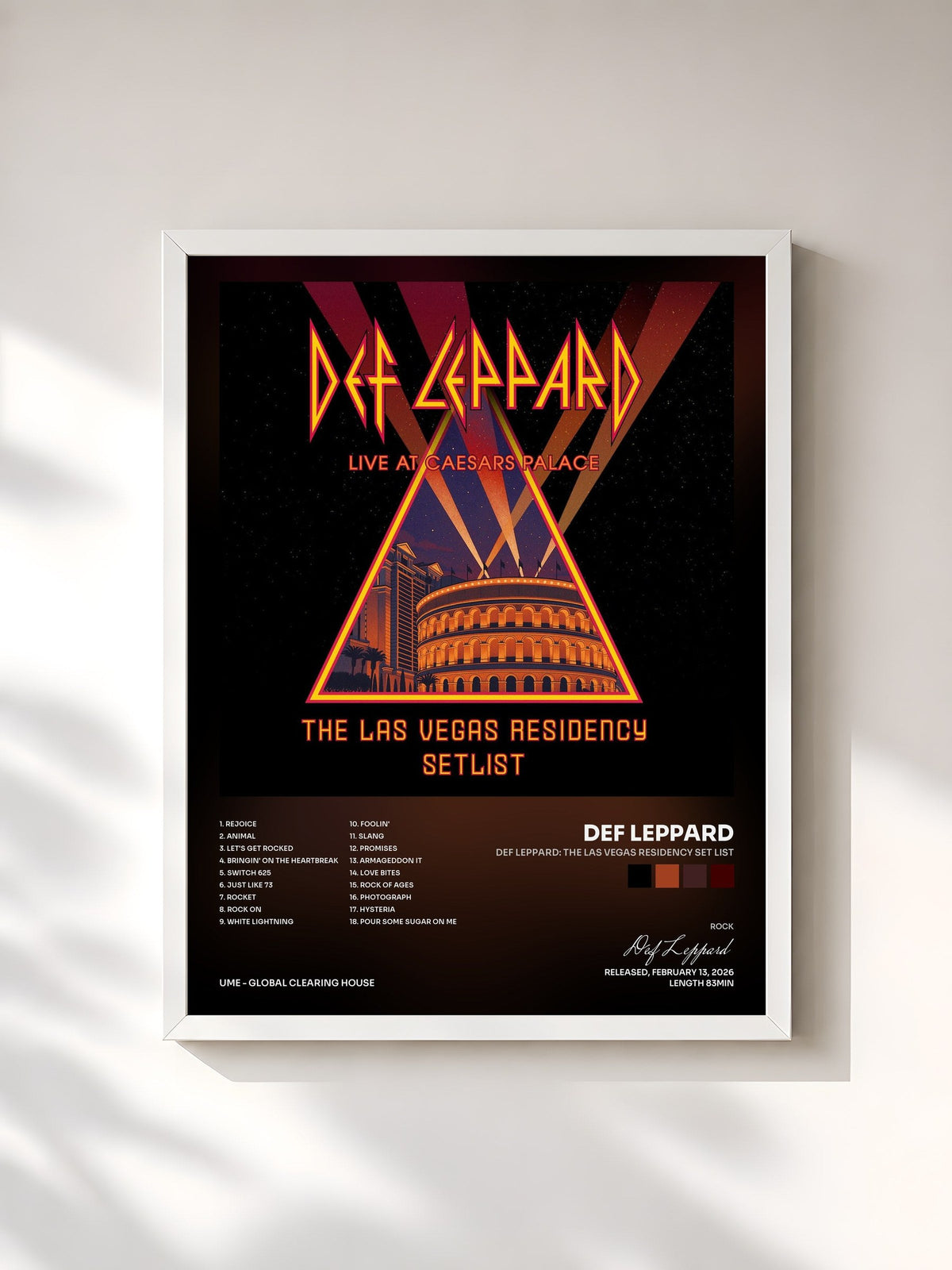 #blanc Tableau de l'album Def Leppard: The Las Vegas Residency Set List de Def Leppard, cadre blanc, imprimé et encadré en France