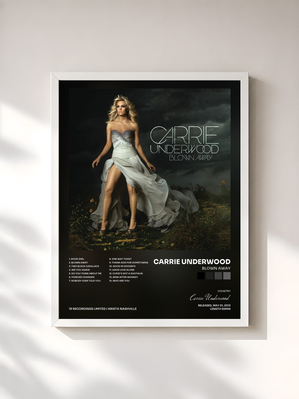 #blanc Tableau de l'album Blown Away de Carrie Underwood, cadre blanc, imprimé et encadré en France