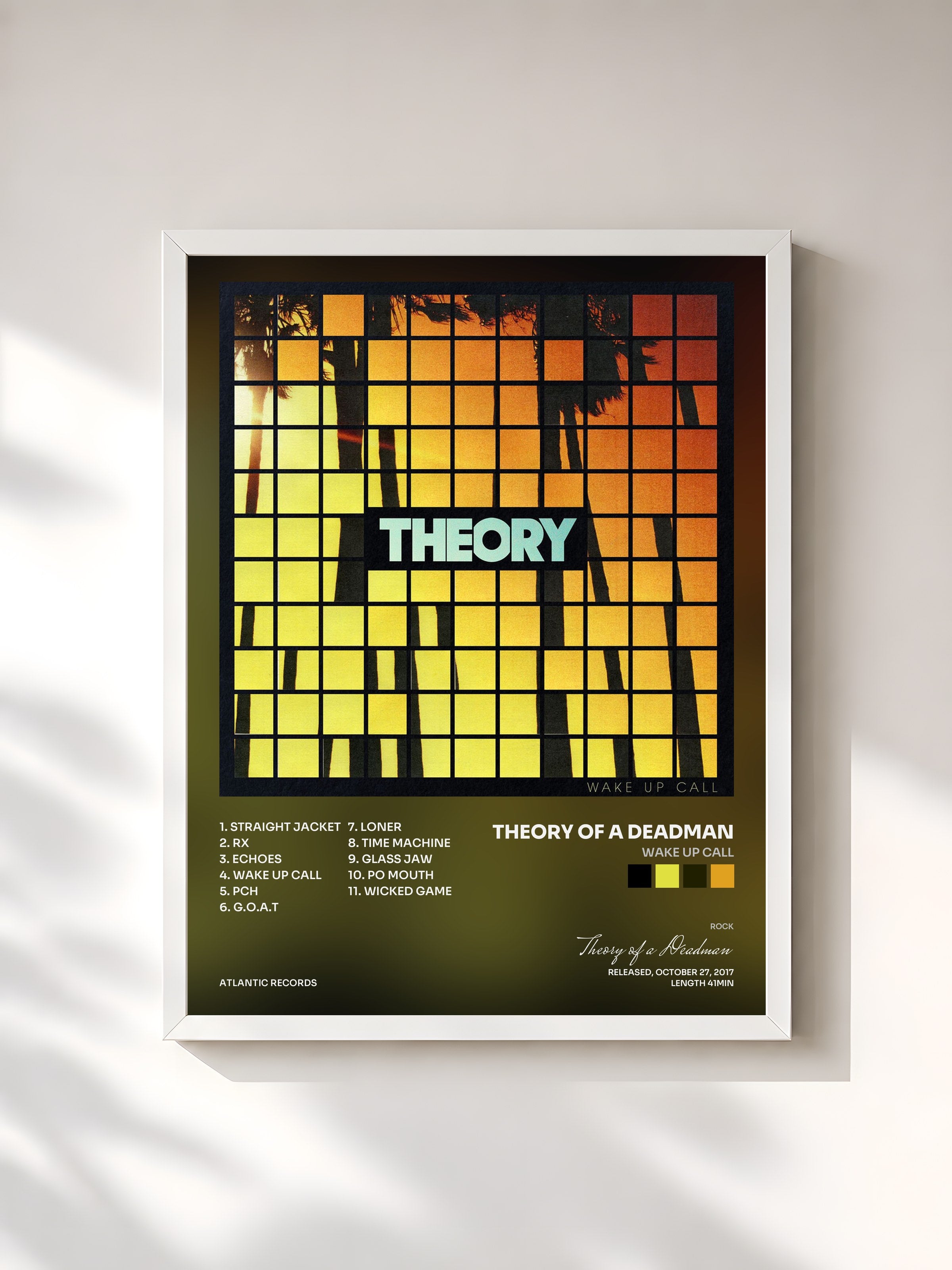 #blanc Tableau de l'album Wake Up Call de Theory of a Deadman, cadre blanc, imprimé et encadré en France