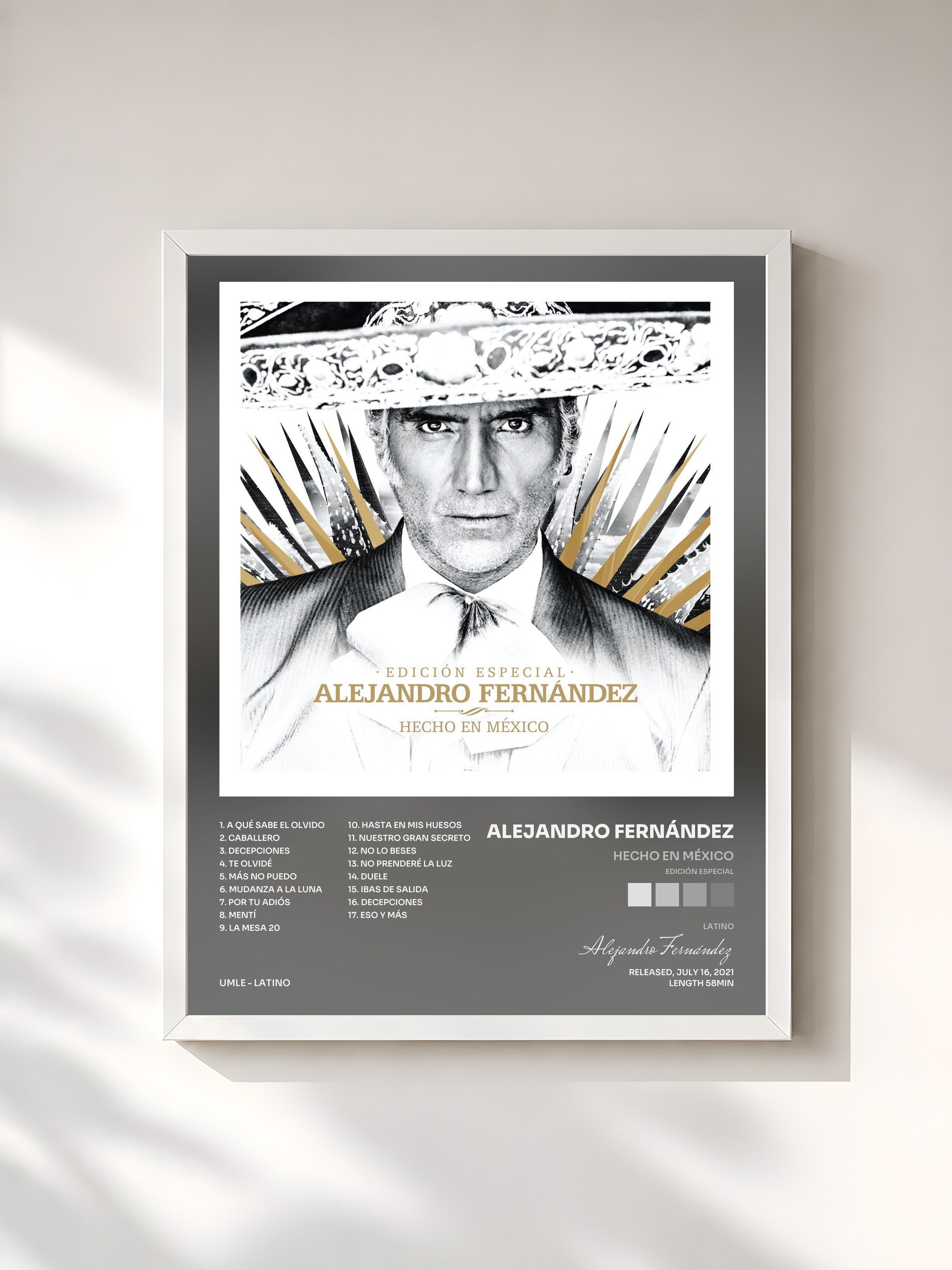 #blanc Tableau de l'album Hecho En México (Edición Especial) de Alejandro Fernández, cadre blanc, imprimé et encadré en France